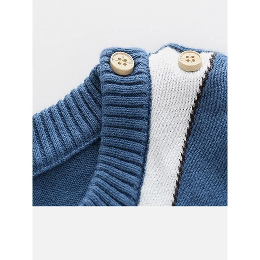 Blue, Little Man Bow Print Kids Cardigan Sweater, Round Neck