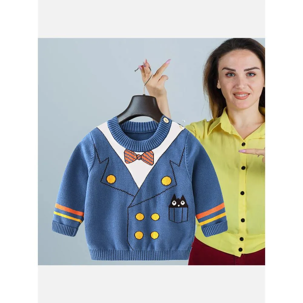 Blue, Little Man Bow Print Kids Cardigan Sweater, Round Neck