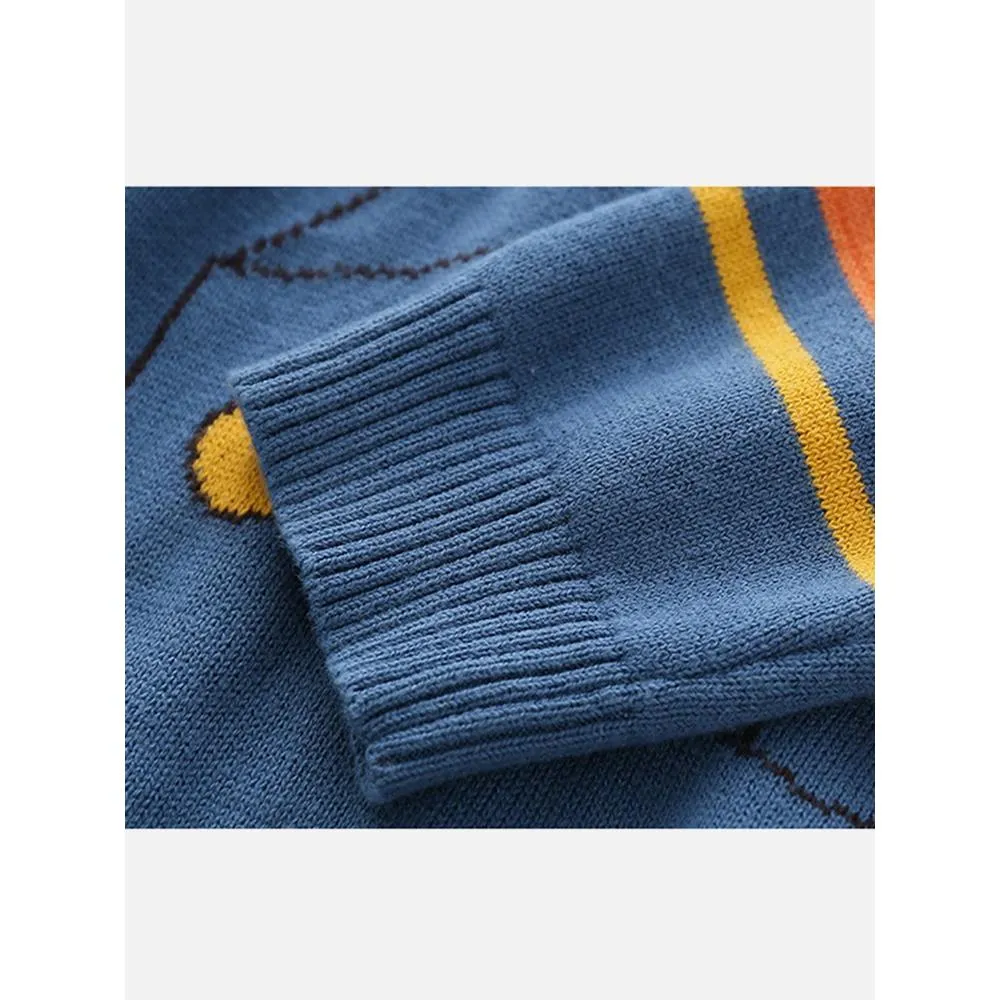 Blue, Little Man Bow Print Kids Cardigan Sweater, Round Neck