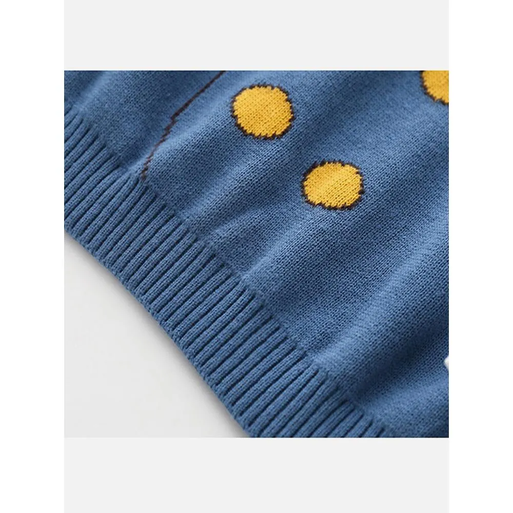 Blue, Little Man Bow Print Kids Cardigan Sweater, Round Neck