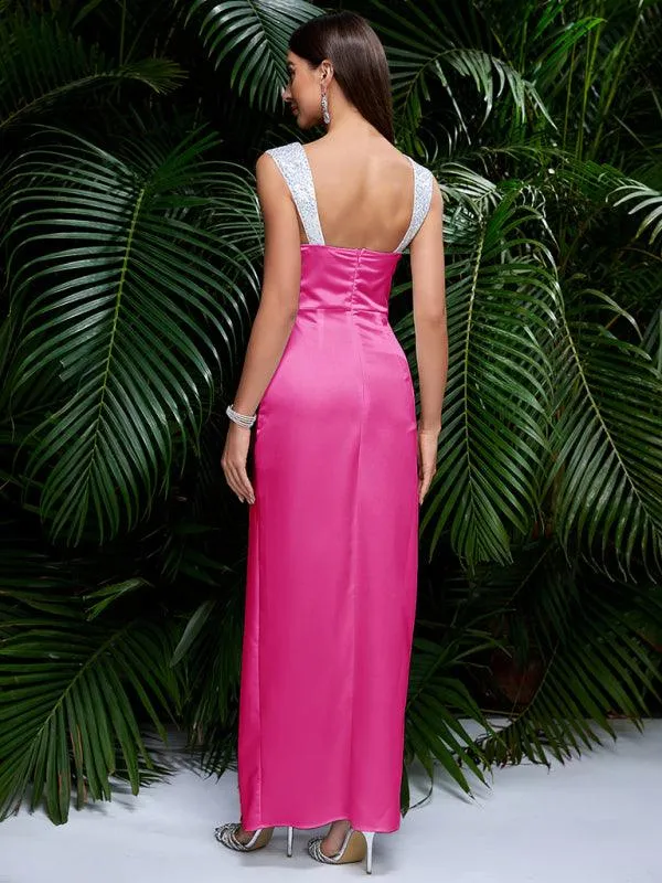 Chic Satin Sequin Evening Gown with Alluring Thigh-High Slit for Women