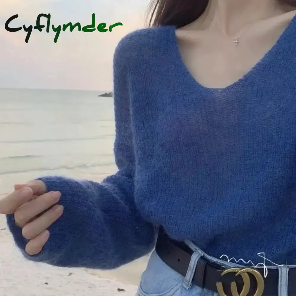 Cyflymder Sexy Thin Sweaters Women Vintage Hollow Knitted Pullovers Top Sweet Casual Loose V-neck Sweatshirt Elegant Korean Womens Clothes