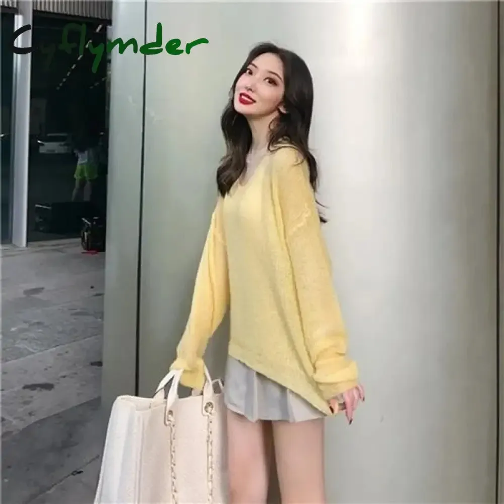 Cyflymder Sexy Thin Sweaters Women Vintage Hollow Knitted Pullovers Top Sweet Casual Loose V-neck Sweatshirt Elegant Korean Womens Clothes