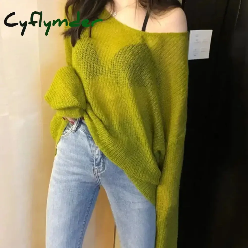 Cyflymder Sexy Thin Sweaters Women Vintage Hollow Knitted Pullovers Top Sweet Casual Loose V-neck Sweatshirt Elegant Korean Womens Clothes