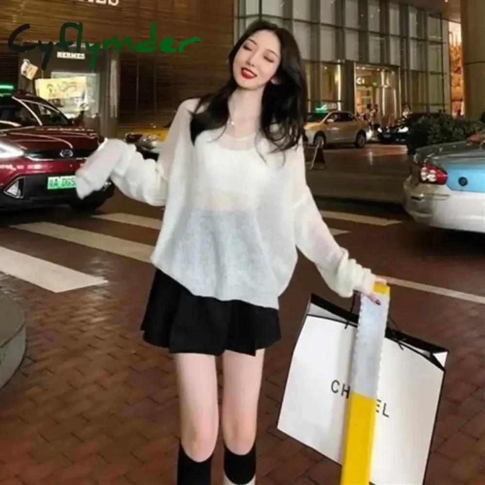 Cyflymder Sexy Thin Sweaters Women Vintage Hollow Knitted Pullovers Top Sweet Casual Loose V-neck Sweatshirt Elegant Korean Womens Clothes