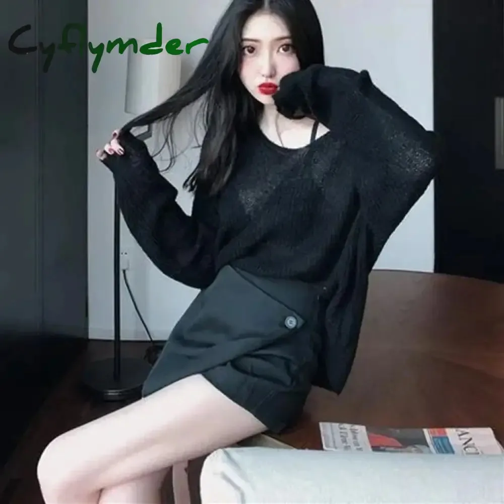 Cyflymder Sexy Thin Sweaters Women Vintage Hollow Knitted Pullovers Top Sweet Casual Loose V-neck Sweatshirt Elegant Korean Womens Clothes