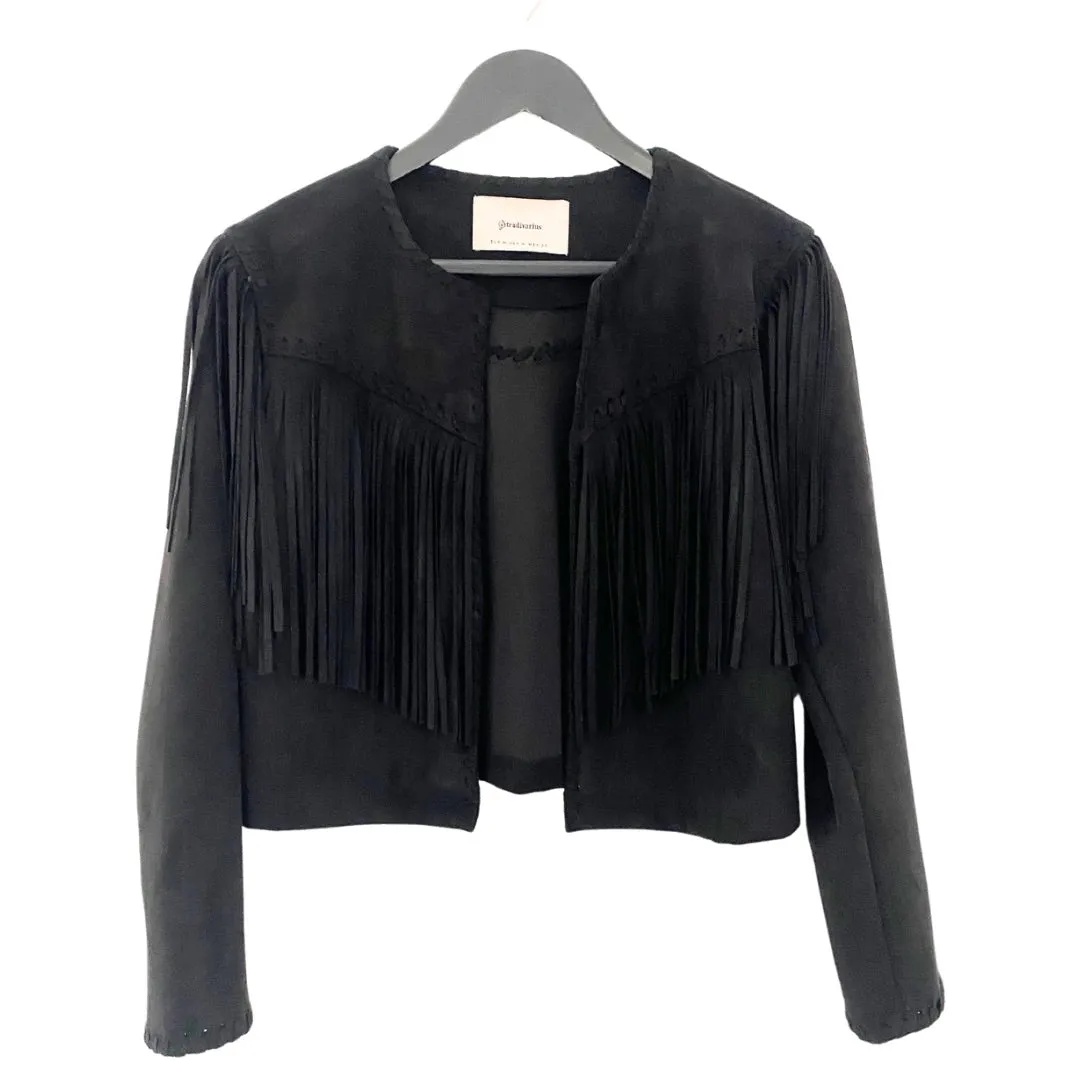 Faux Suede Fringe Cropped Jacket Black Size M