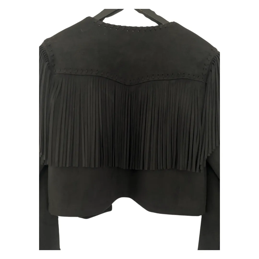 Faux Suede Fringe Cropped Jacket Black Size M