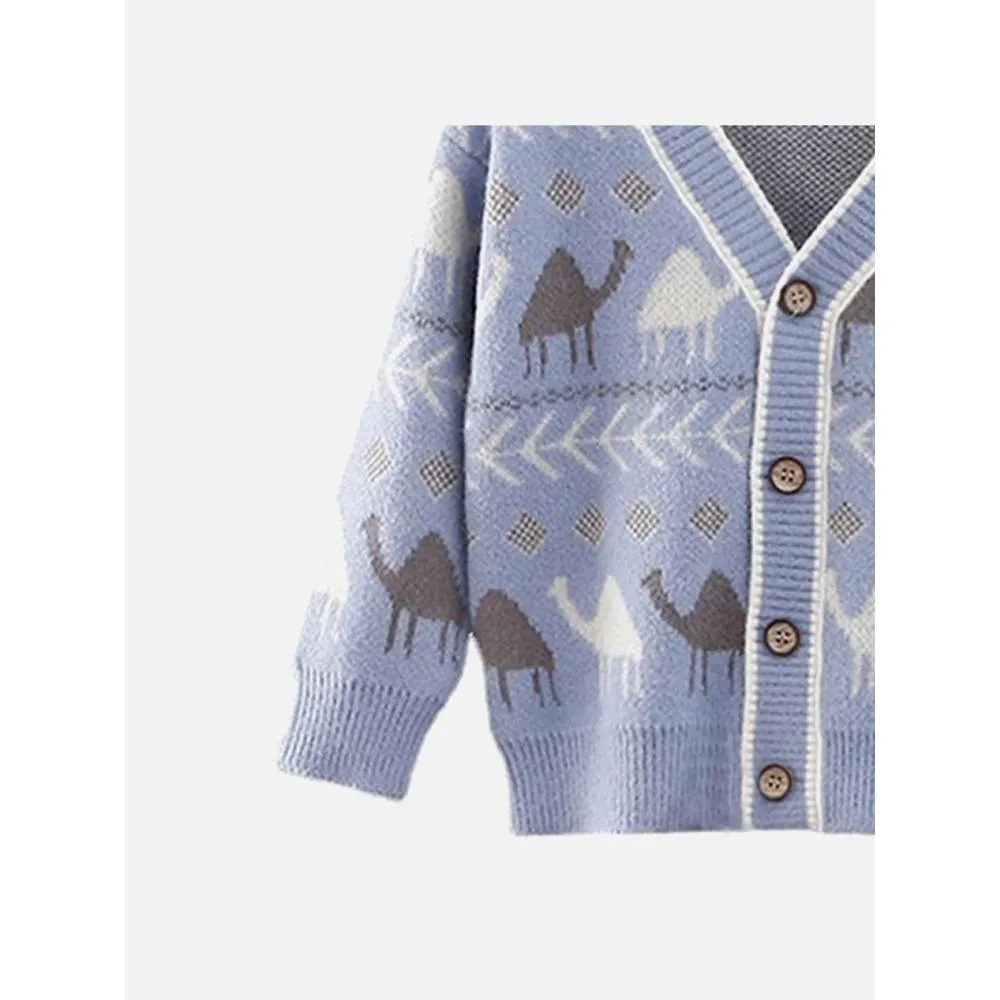 Kids Light Blue Camel Troop, Cardigan V neck Sweater