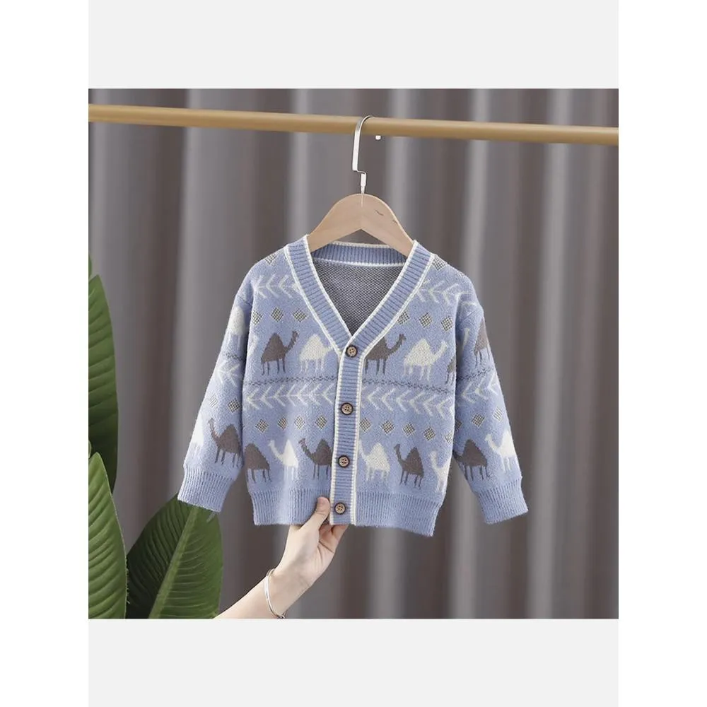 Kids Light Blue Camel Troop, Cardigan V neck Sweater