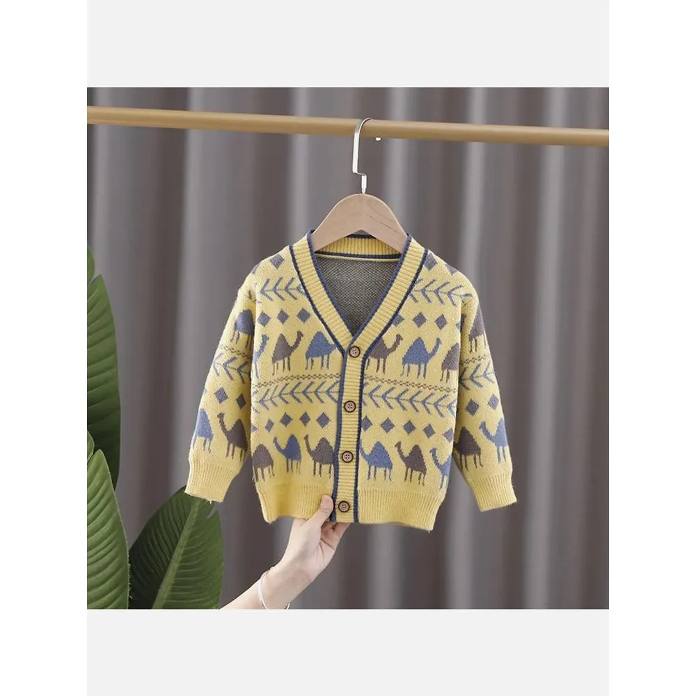 Kids Yellow Camel Troop, Cardigan V Neck Sweater