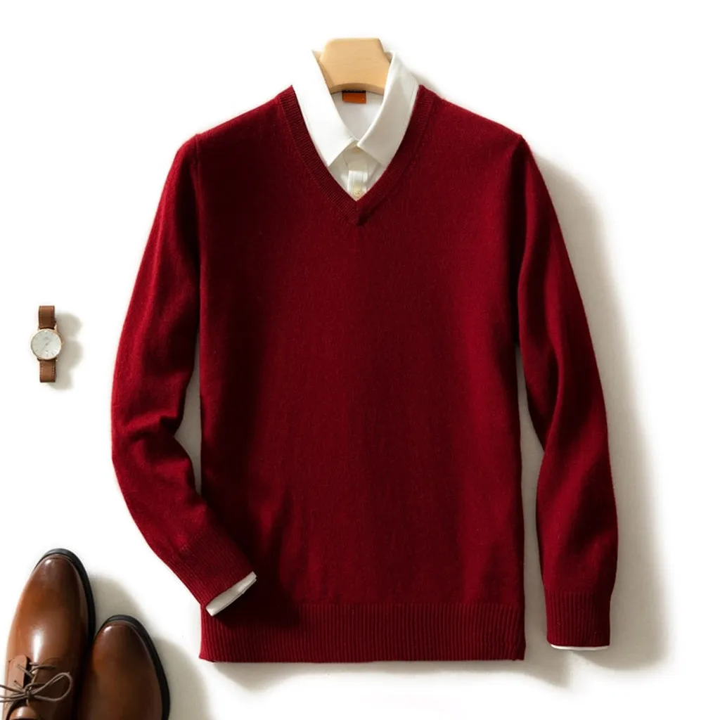 Man Sweater 100% Goat Cashmere Knitted  Winter Warm Pullovers V-Neck Long Sleeve Standard Sweaters Male Jumper 8Colors Tops