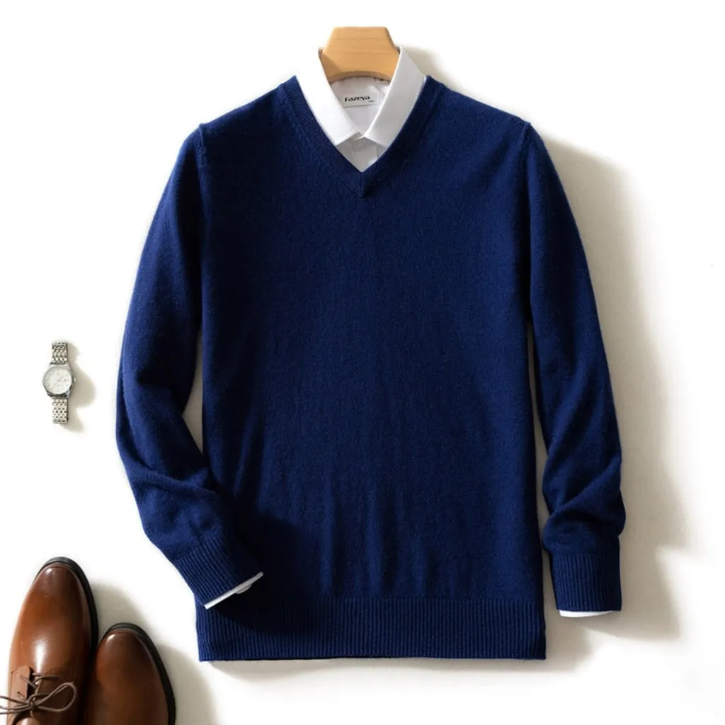 Man Sweater 100% Goat Cashmere Knitted  Winter Warm Pullovers V-Neck Long Sleeve Standard Sweaters Male Jumper 8Colors Tops