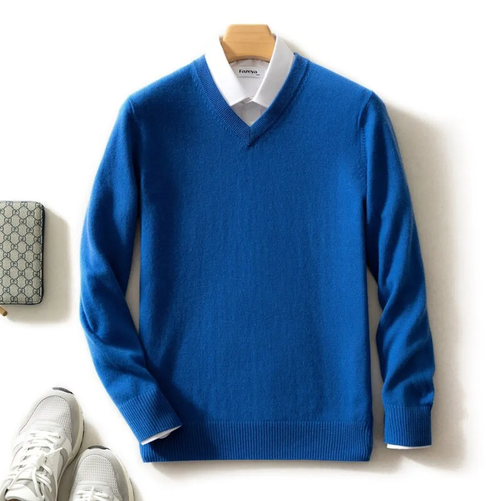 Man Sweater 100% Goat Cashmere Knitted  Winter Warm Pullovers V-Neck Long Sleeve Standard Sweaters Male Jumper 8Colors Tops