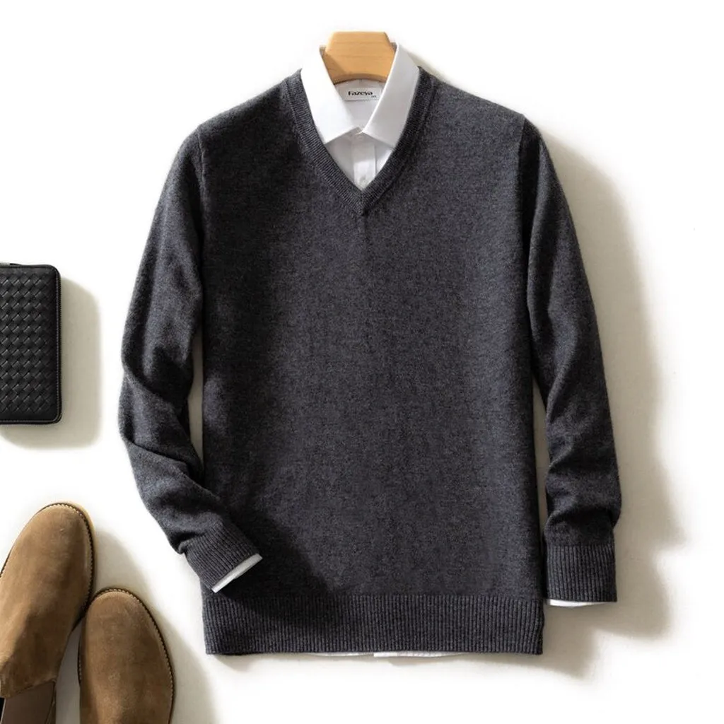 Man Sweater 100% Goat Cashmere Knitted  Winter Warm Pullovers V-Neck Long Sleeve Standard Sweaters Male Jumper 8Colors Tops