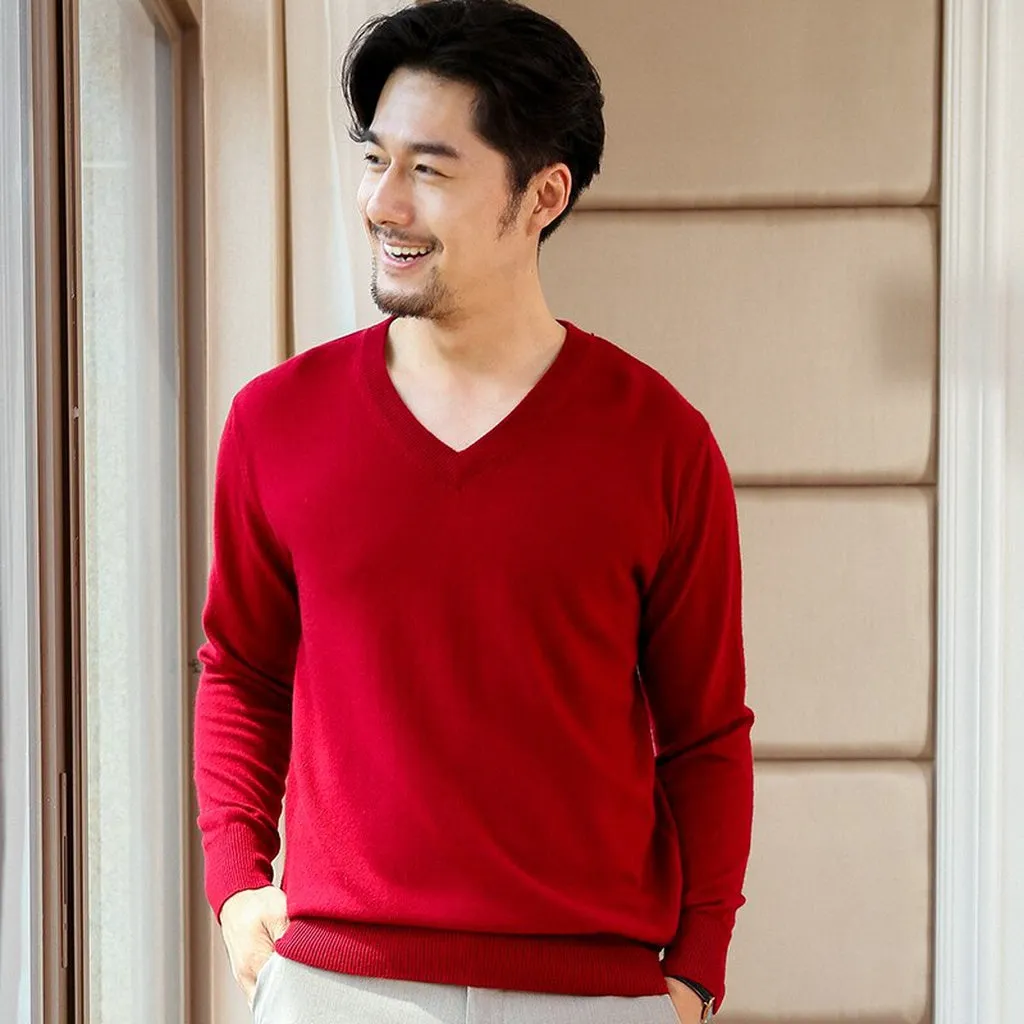 Man Sweater 100% Goat Cashmere Knitted  Winter Warm Pullovers V-Neck Long Sleeve Standard Sweaters Male Jumper 8Colors Tops