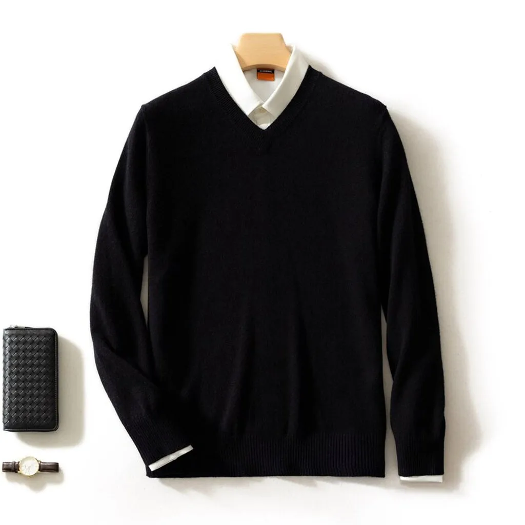 Man Sweater 100% Goat Cashmere Knitted  Winter Warm Pullovers V-Neck Long Sleeve Standard Sweaters Male Jumper 8Colors Tops