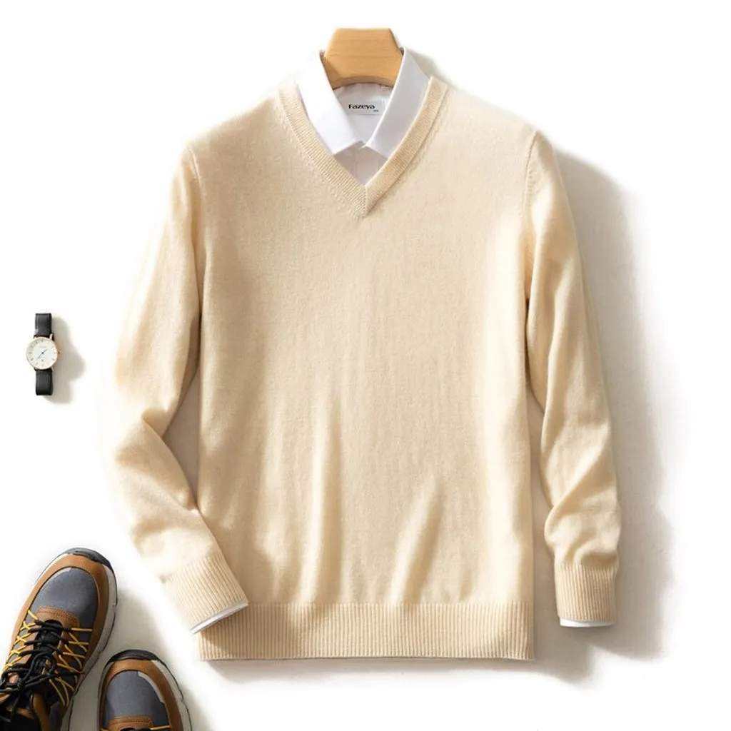 Man Sweater 100% Goat Cashmere Knitted  Winter Warm Pullovers V-Neck Long Sleeve Standard Sweaters Male Jumper 8Colors Tops