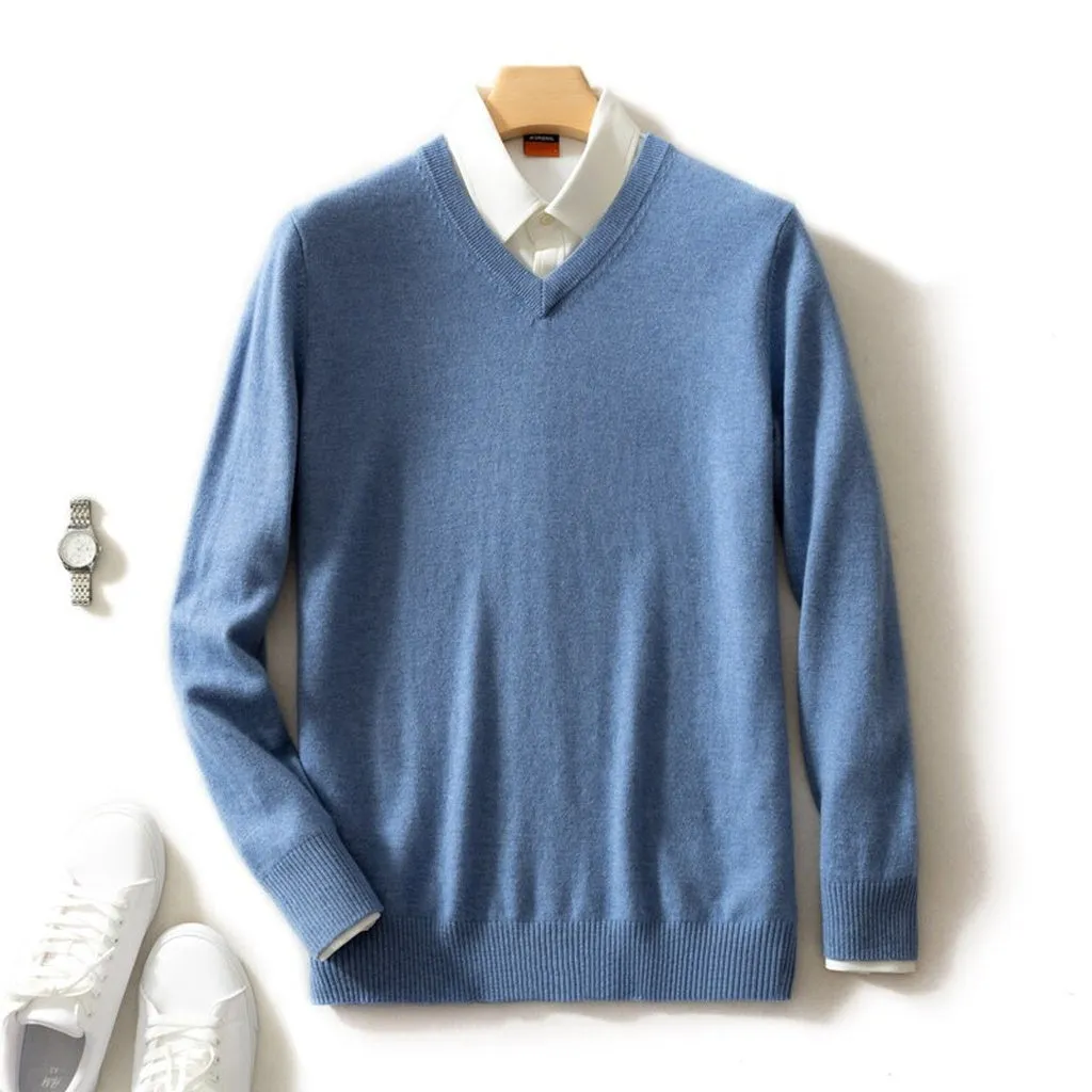 Man Sweater 100% Goat Cashmere Knitted  Winter Warm Pullovers V-Neck Long Sleeve Standard Sweaters Male Jumper 8Colors Tops