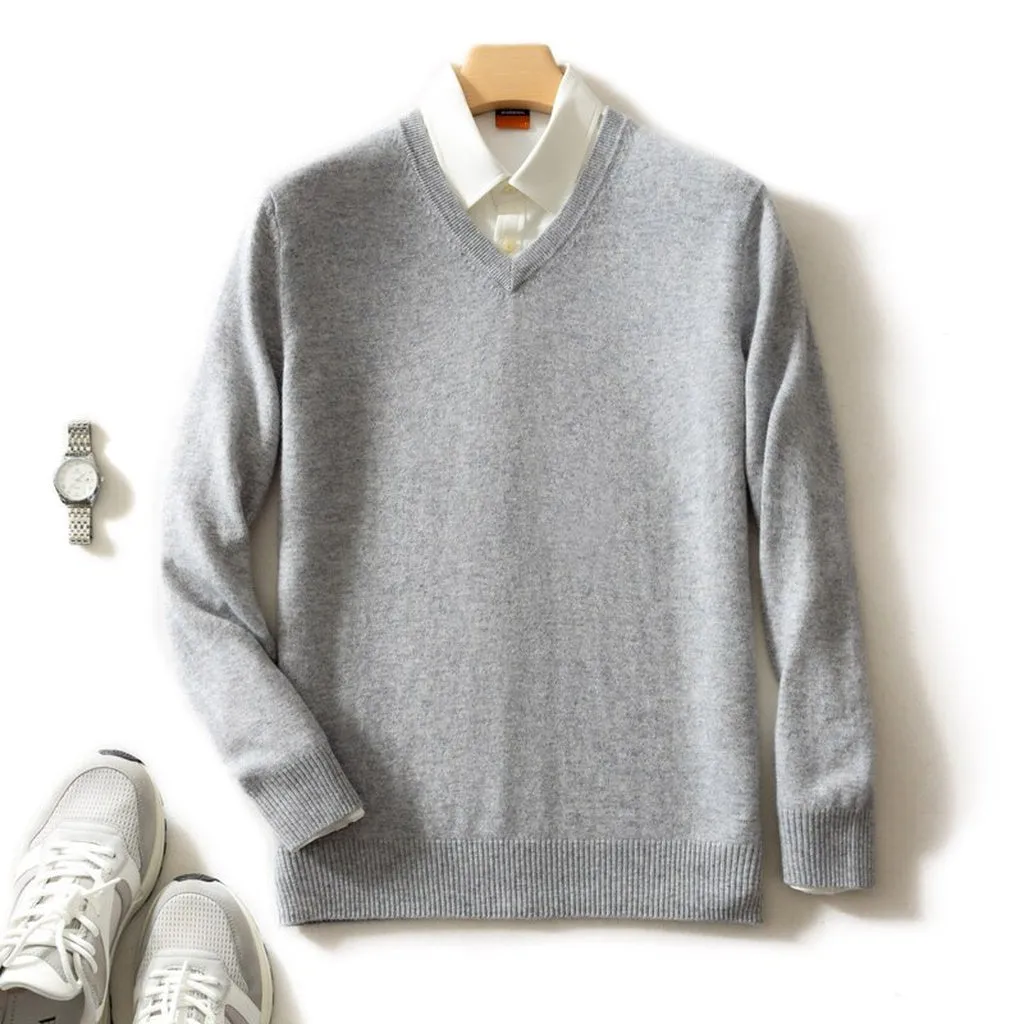 Man Sweater 100% Goat Cashmere Knitted  Winter Warm Pullovers V-Neck Long Sleeve Standard Sweaters Male Jumper 8Colors Tops