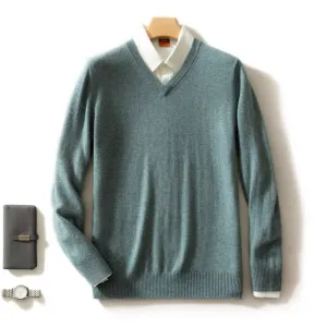 Man Sweater 100% Goat Cashmere Knitted  Winter Warm Pullovers V-Neck Long Sleeve Standard Sweaters Male Jumper 8Colors Tops