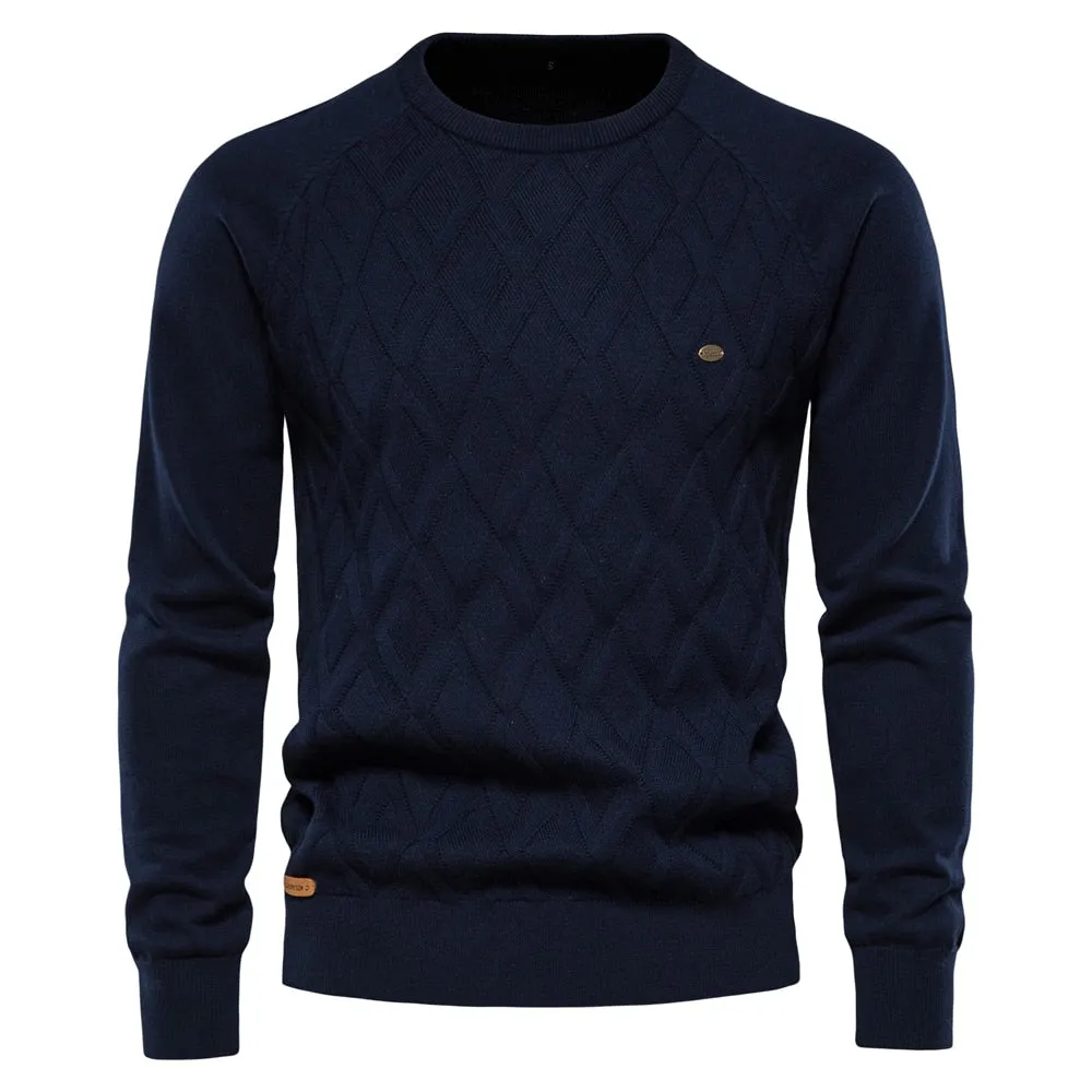 Men O-neck Cotton Argyle Sweater