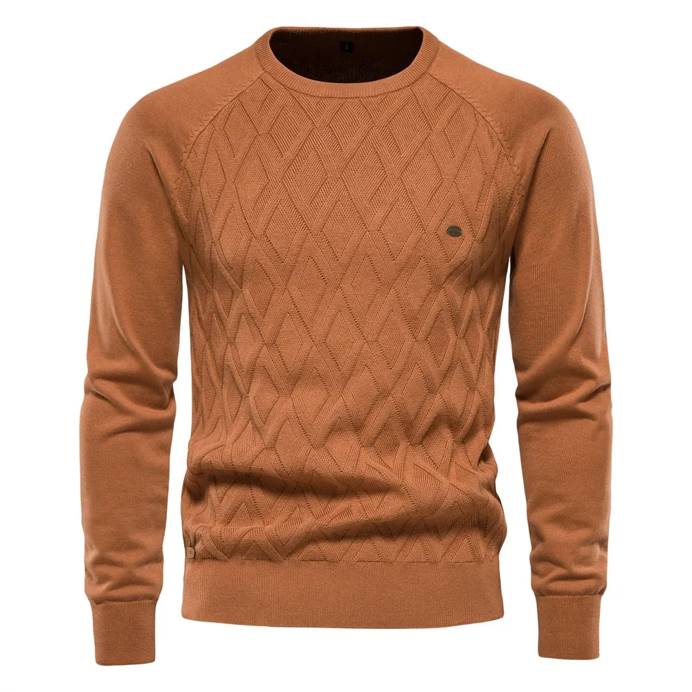 Men O-neck Cotton Argyle Sweater
