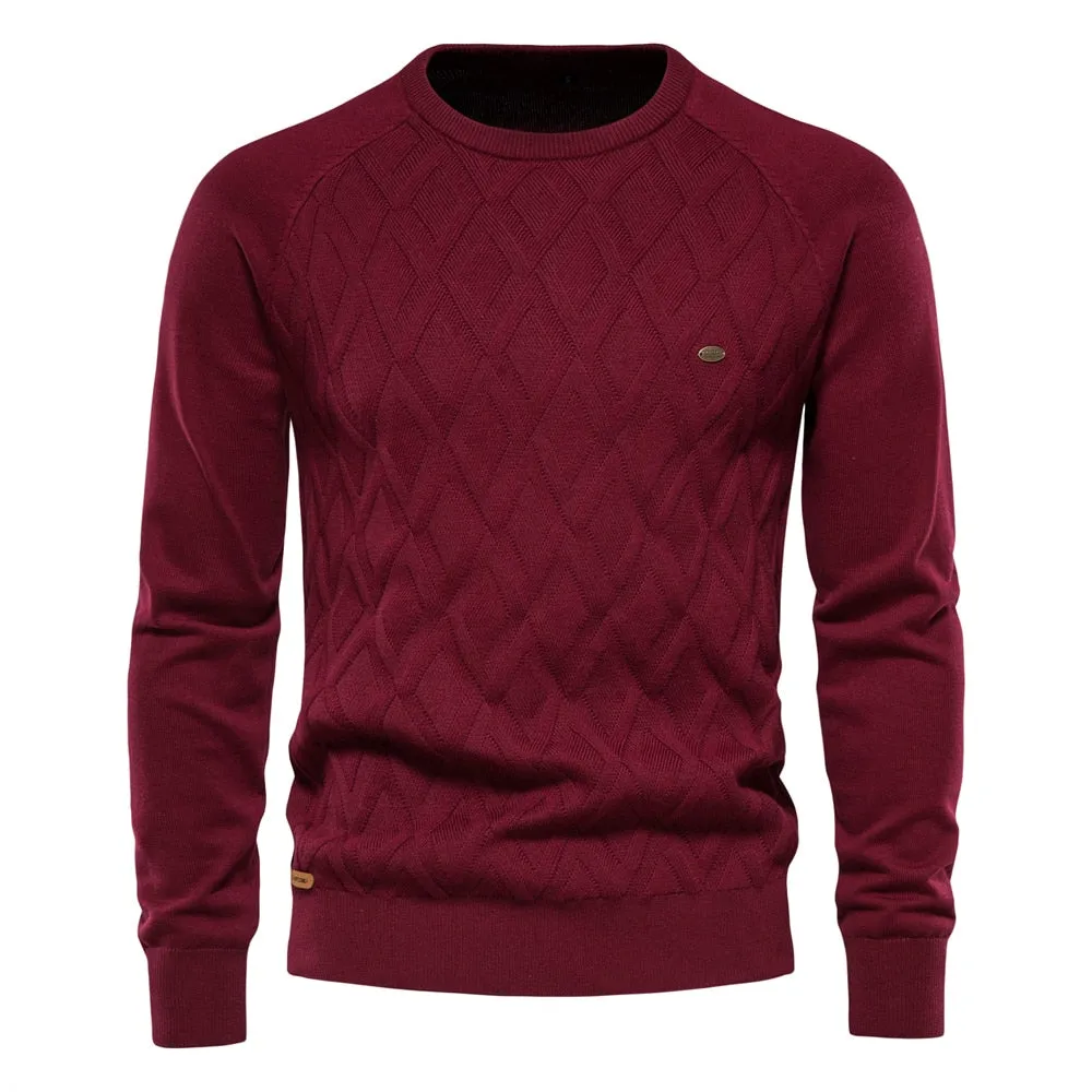 Men O-neck Cotton Argyle Sweater