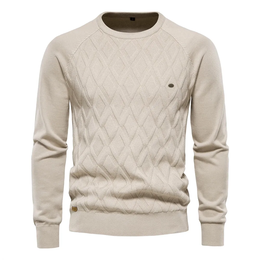 Men O-neck Cotton Argyle Sweater