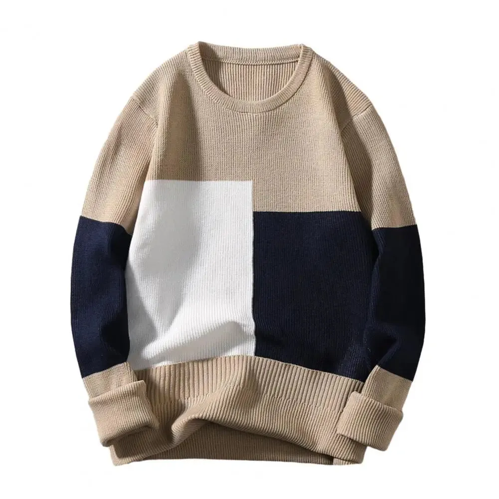 Men's Knitted Colorblock Long Lantern Sleeve Patchwork Round Neck Loose Sweater