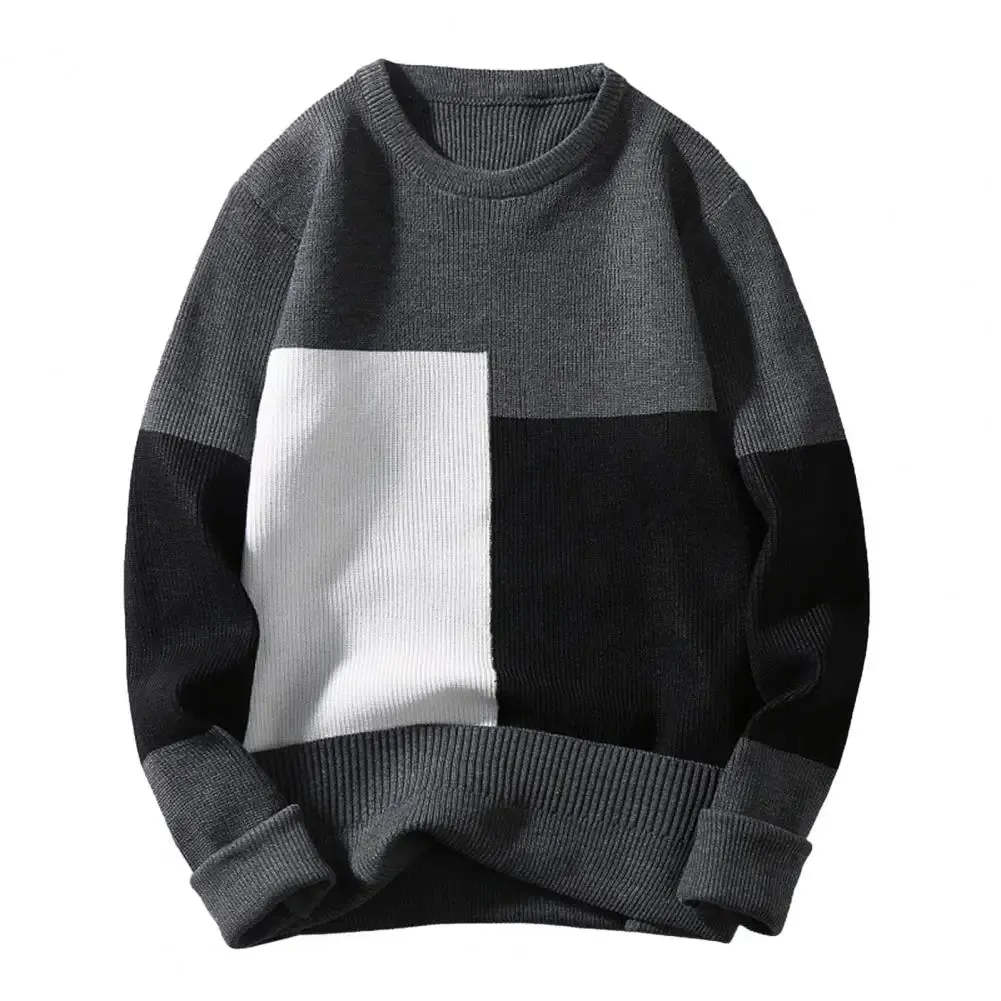 Men's Knitted Colorblock Long Lantern Sleeve Patchwork Round Neck Loose Sweater