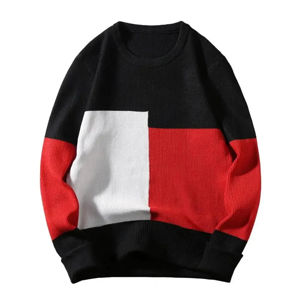 Men's Knitted Colorblock Long Lantern Sleeve Patchwork Round Neck Loose Sweater