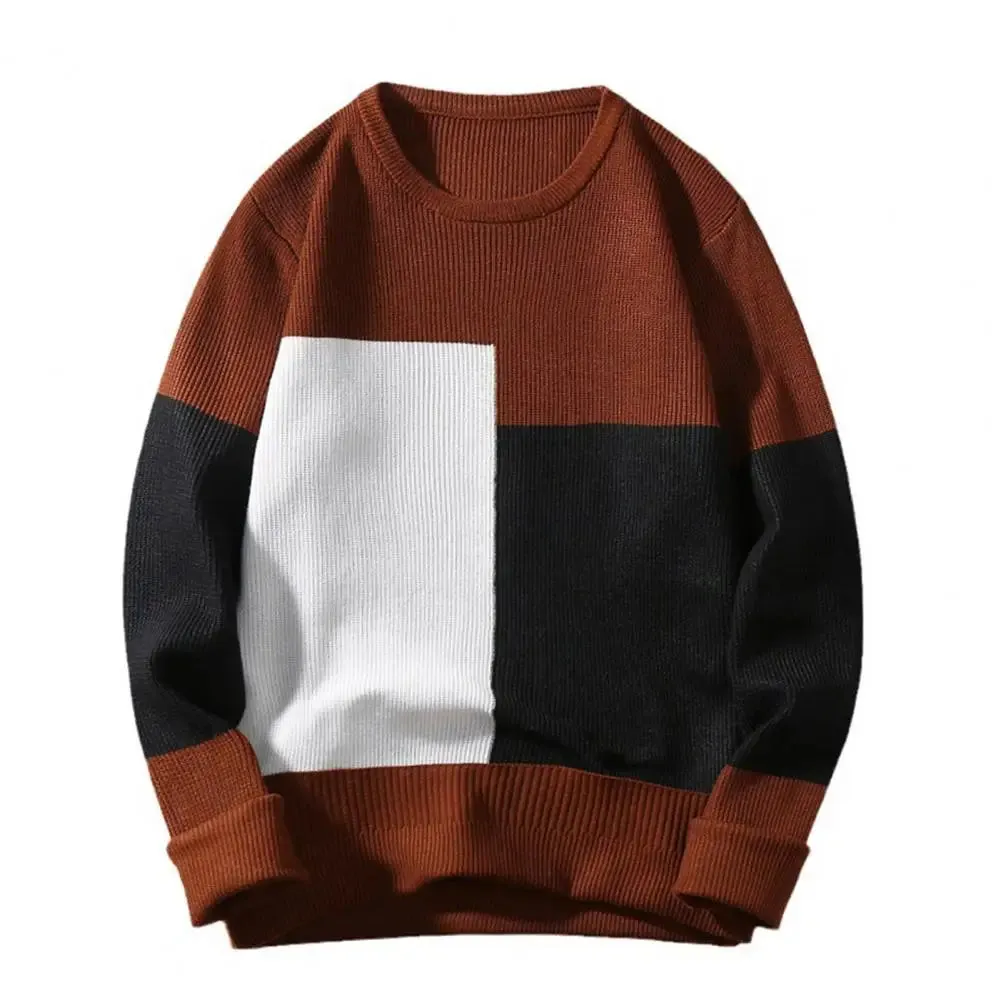Men's Knitted Colorblock Long Lantern Sleeve Patchwork Round Neck Loose Sweater