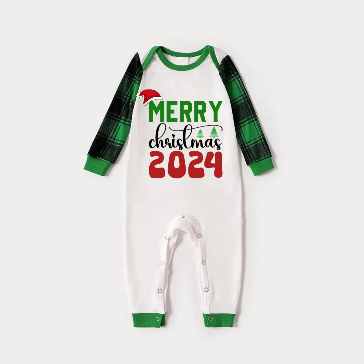 Merry Christmas 2024 Print Long Sleeve Top With Green & Black Plaid Christmas Matching Pajamas