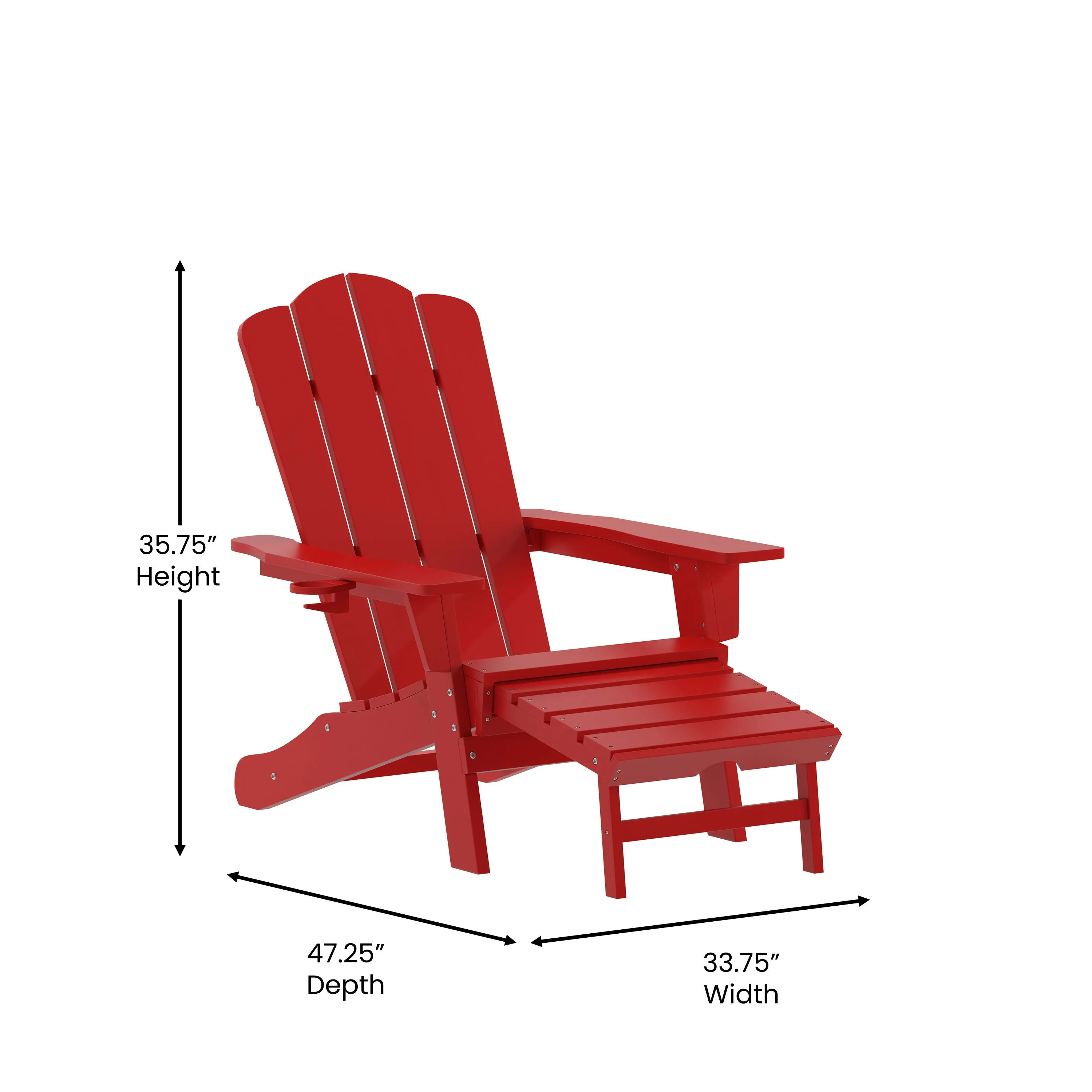 Newport HDPE Adirondack Chair with Cup Holder and Pull Out Ottoman, All-Weather HDPE Indoor/Outdoor Lounge Chair