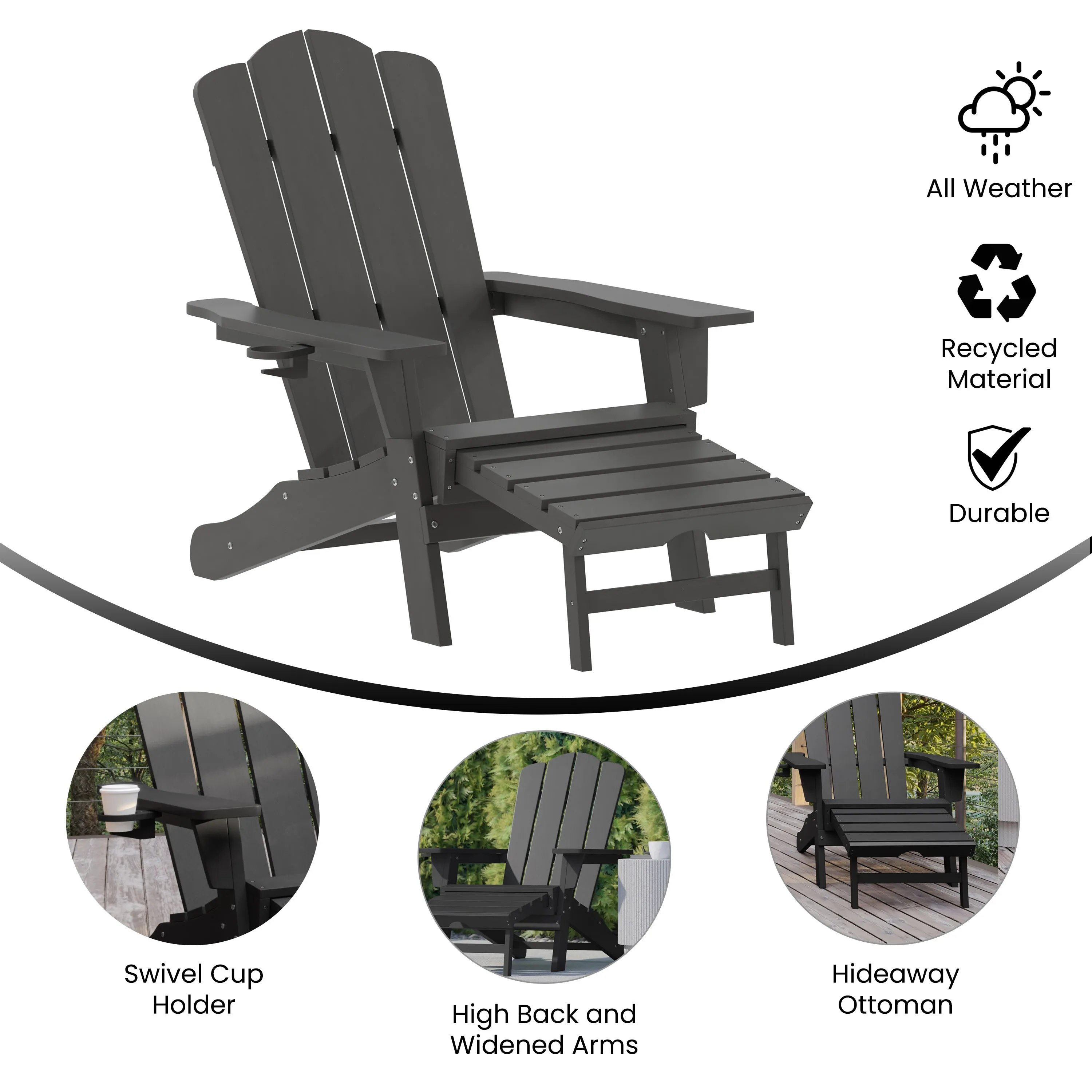 Newport HDPE Adirondack Chair with Cup Holder and Pull Out Ottoman, All-Weather HDPE Indoor/Outdoor Lounge Chair
