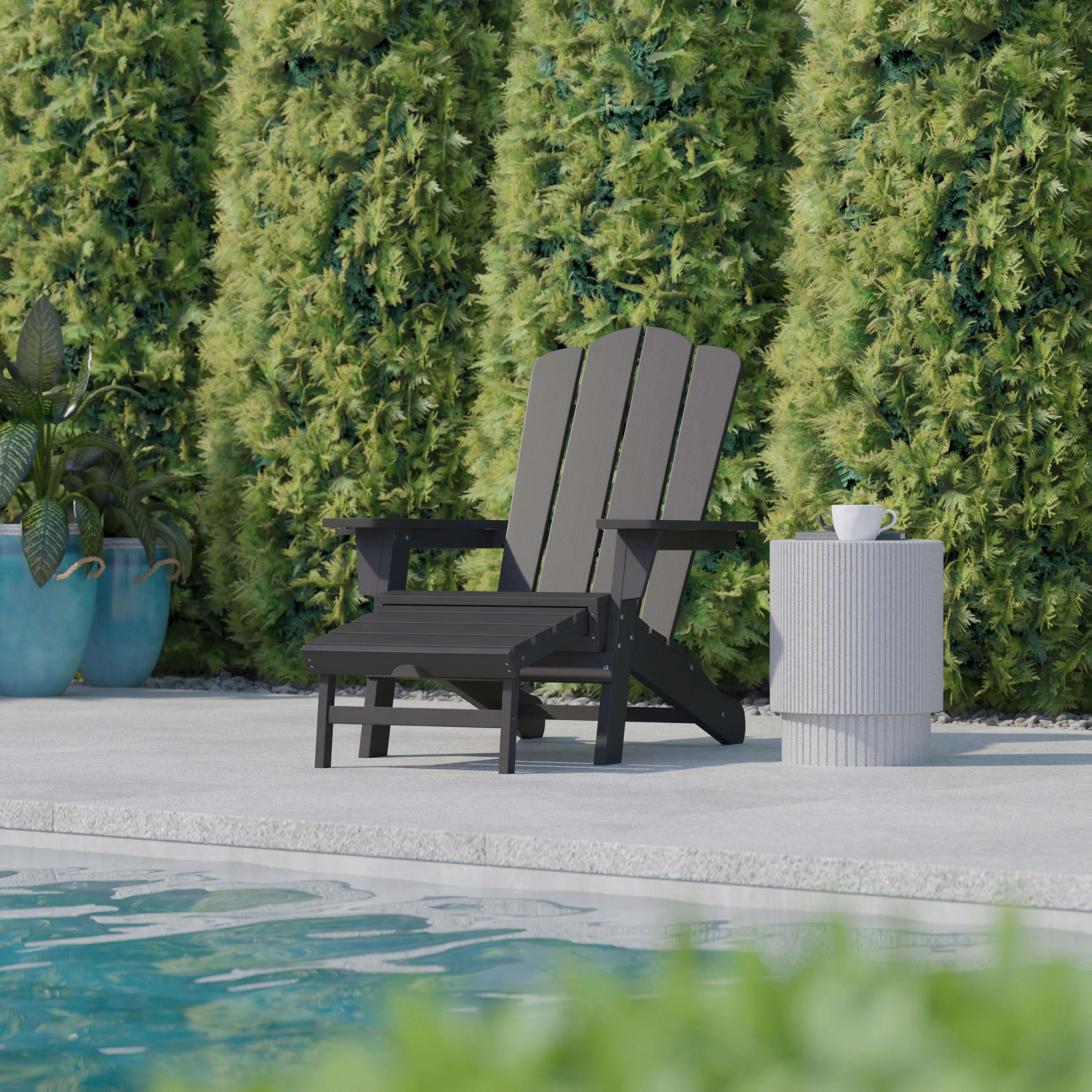 Newport HDPE Adirondack Chair with Cup Holder and Pull Out Ottoman, All-Weather HDPE Indoor/Outdoor Lounge Chair