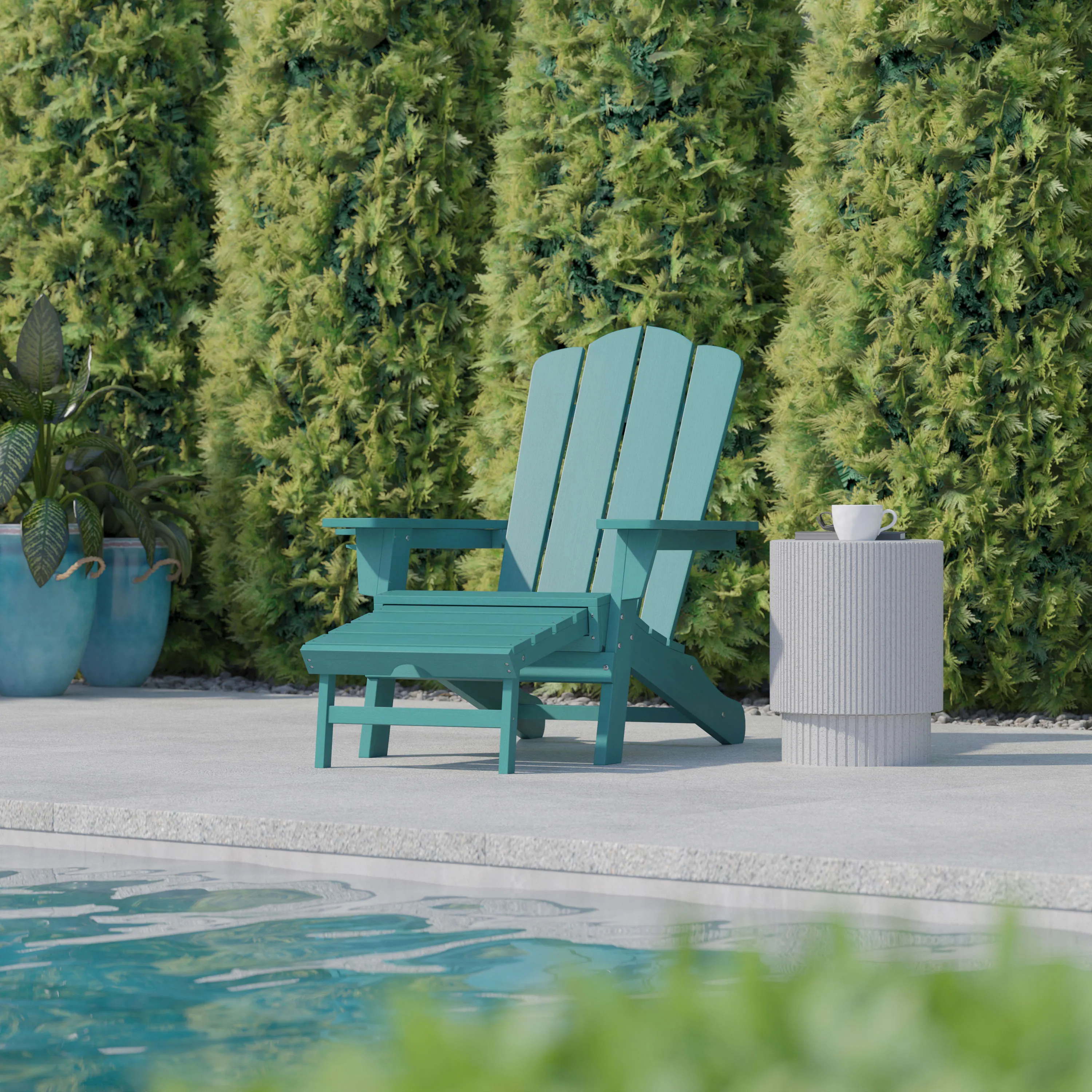 Newport HDPE Adirondack Chair with Cup Holder and Pull Out Ottoman, All-Weather HDPE Indoor/Outdoor Lounge Chair
