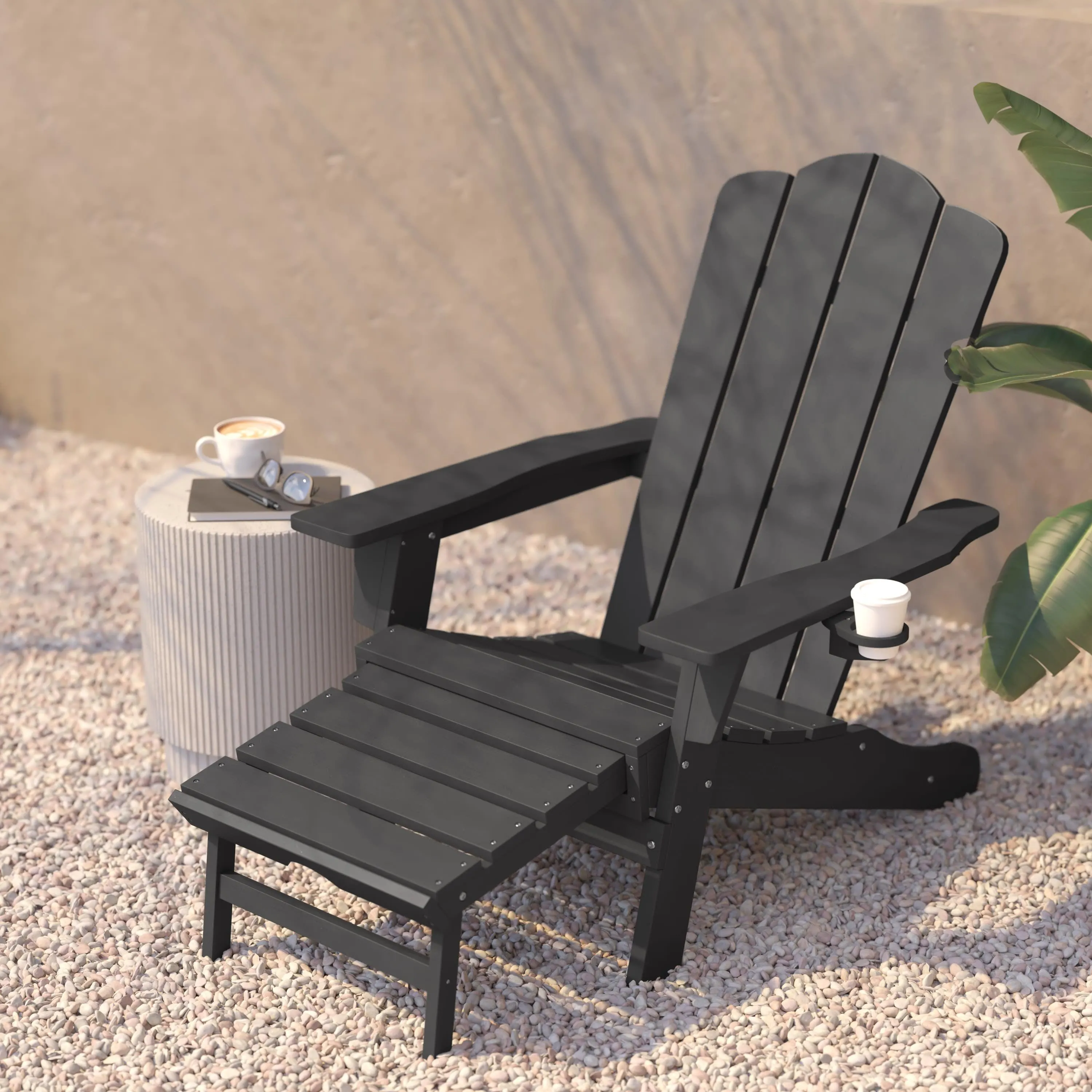 Newport HDPE Adirondack Chair with Cup Holder and Pull Out Ottoman, All-Weather HDPE Indoor/Outdoor Lounge Chair