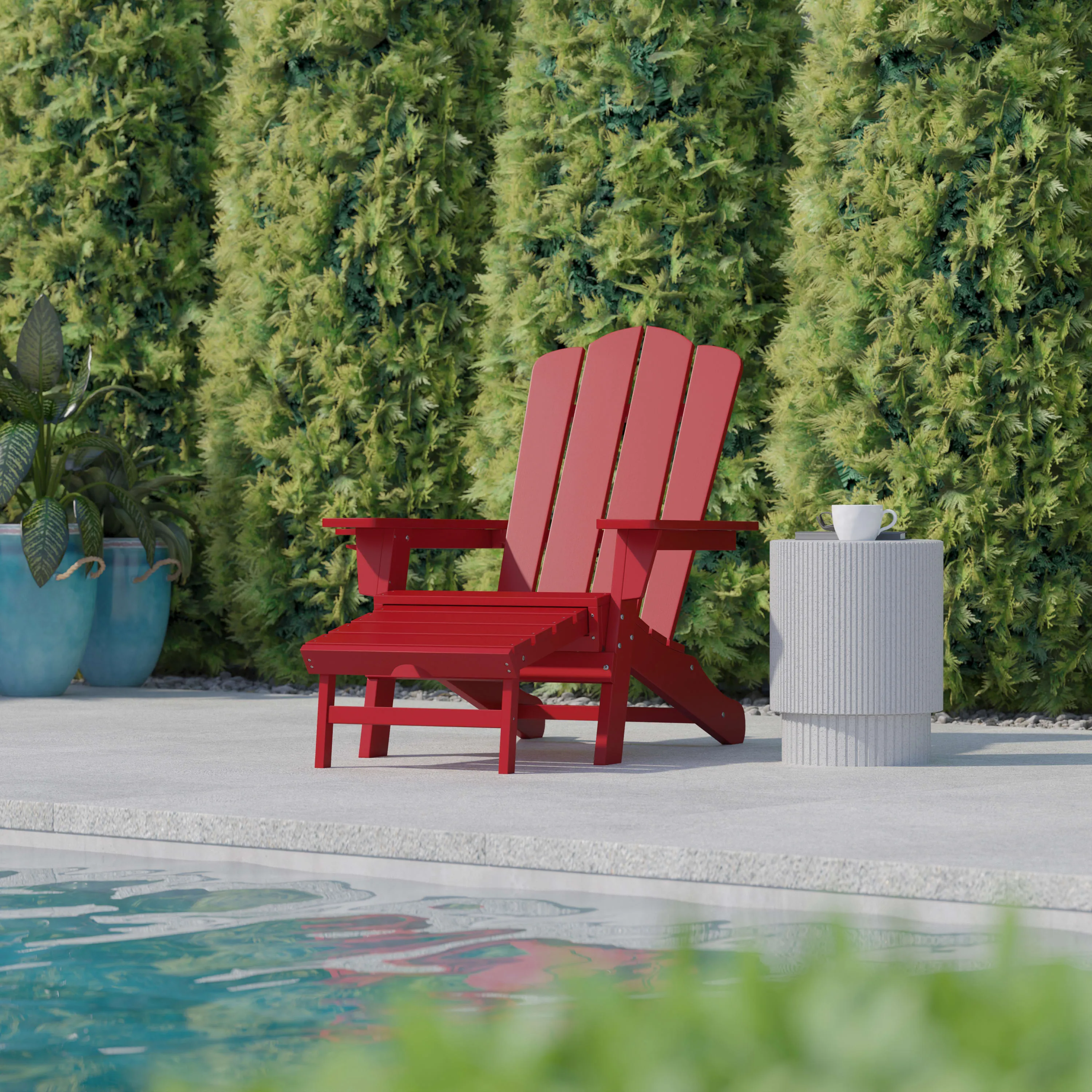 Newport HDPE Adirondack Chair with Cup Holder and Pull Out Ottoman, All-Weather HDPE Indoor/Outdoor Lounge Chair