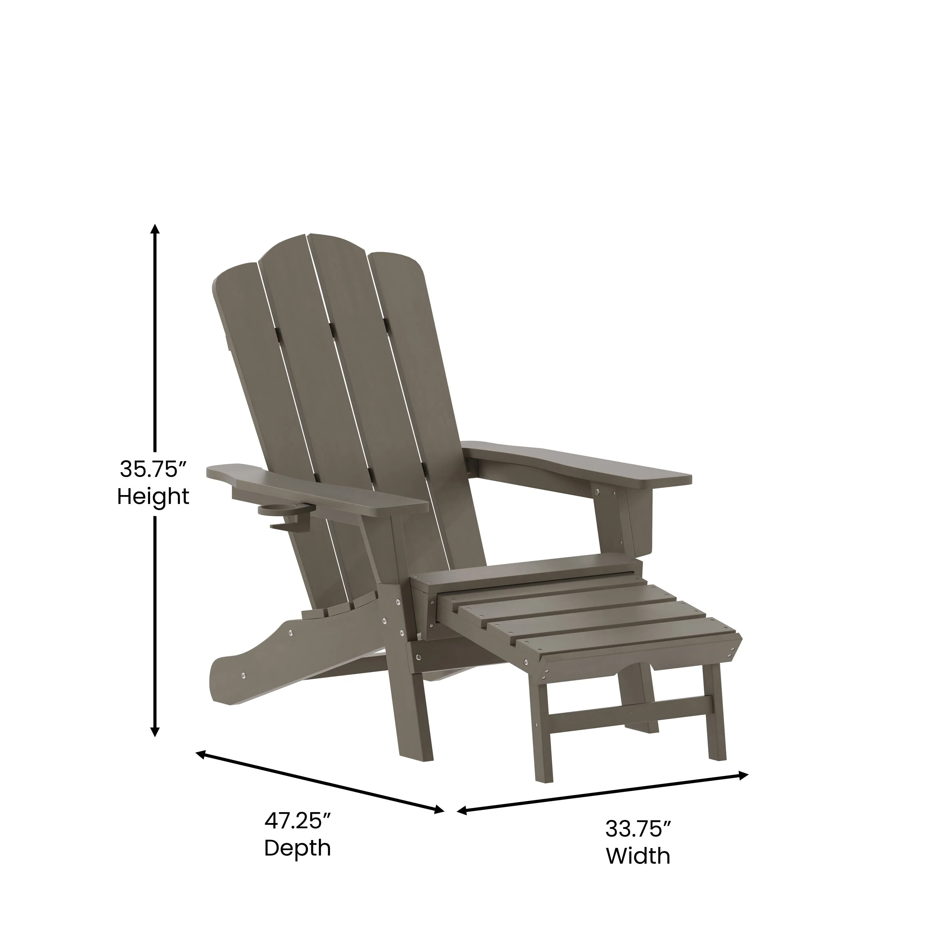 Newport HDPE Adirondack Chair with Cup Holder and Pull Out Ottoman, All-Weather HDPE Indoor/Outdoor Lounge Chair