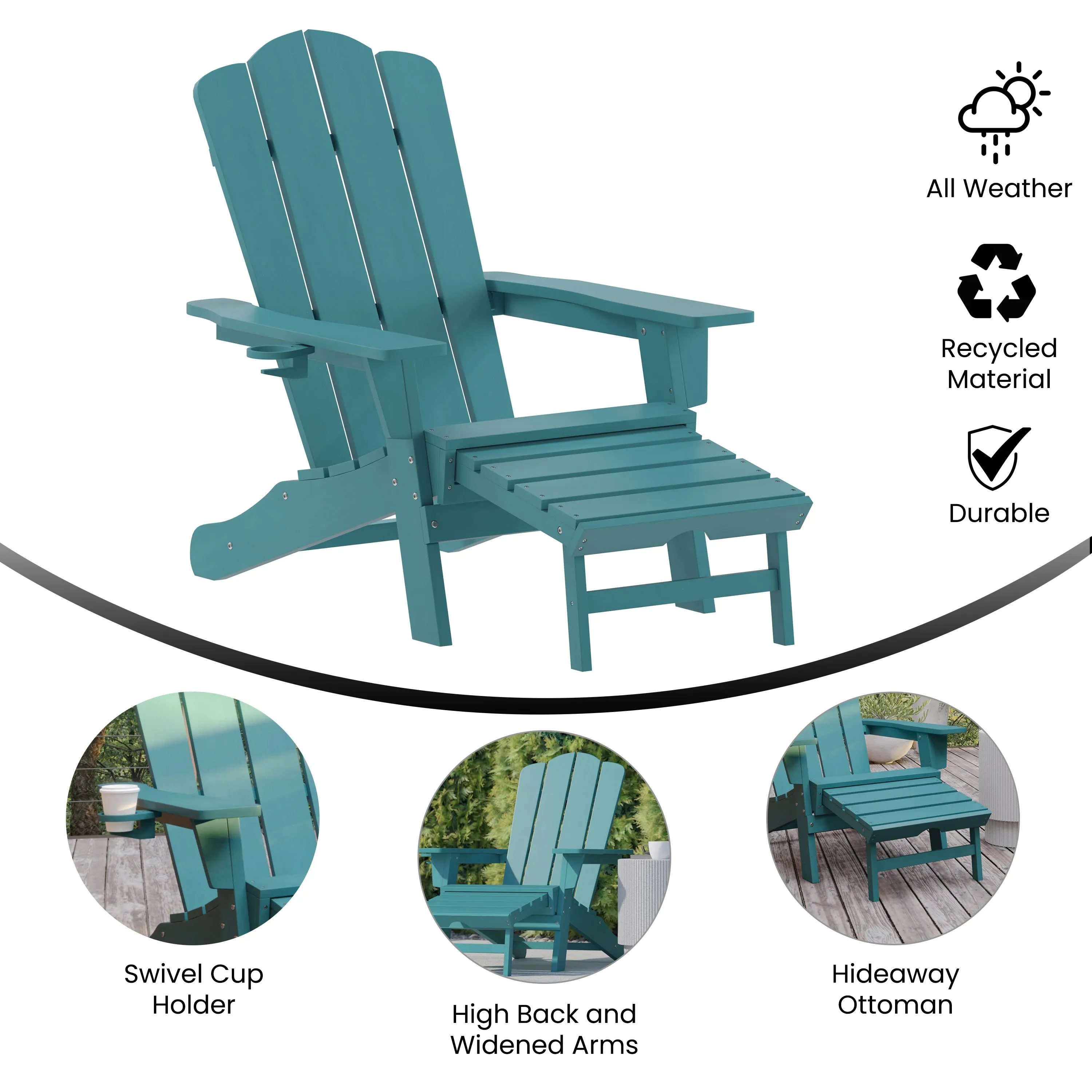 Newport HDPE Adirondack Chair with Cup Holder and Pull Out Ottoman, All-Weather HDPE Indoor/Outdoor Lounge Chair