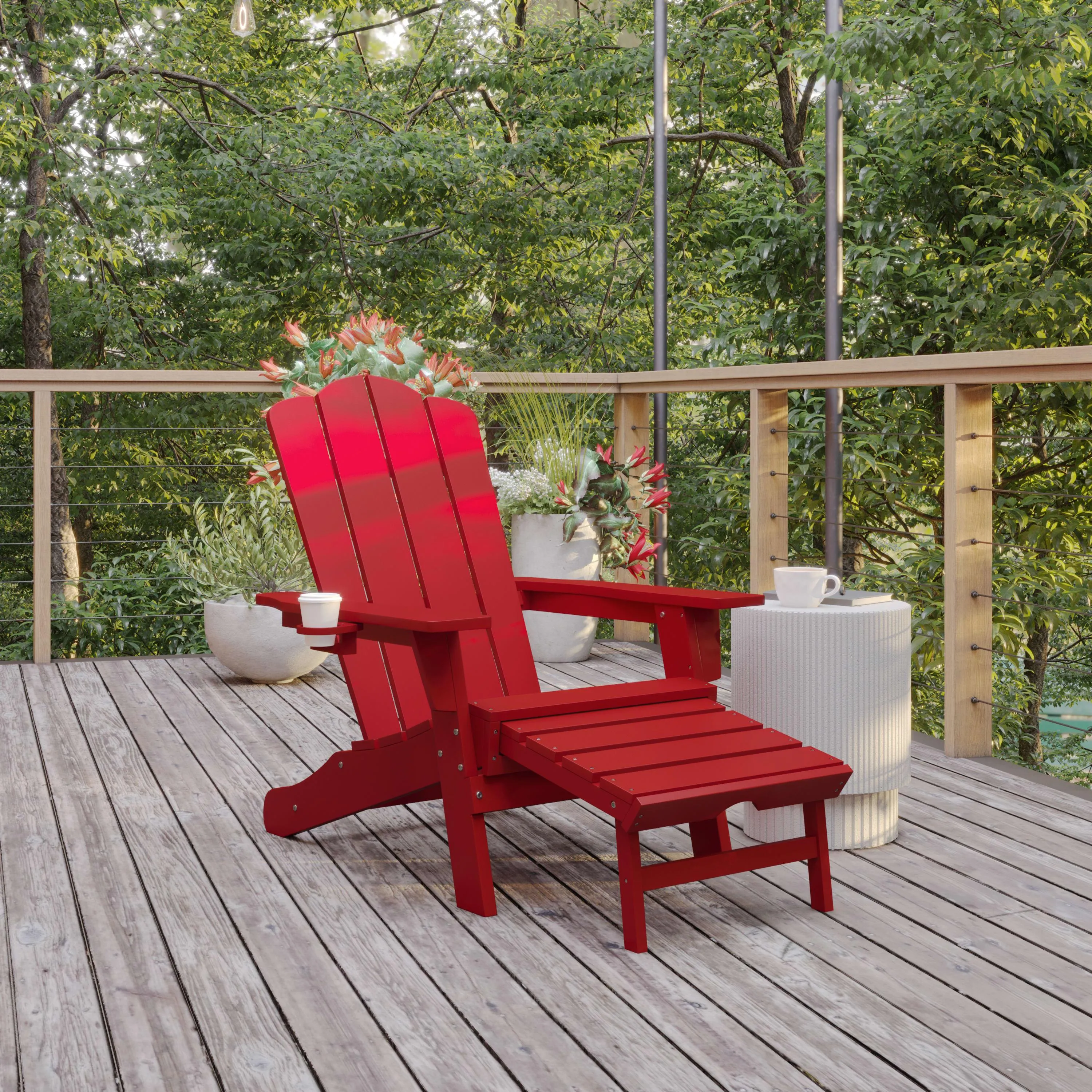 Newport HDPE Adirondack Chair with Cup Holder and Pull Out Ottoman, All-Weather HDPE Indoor/Outdoor Lounge Chair