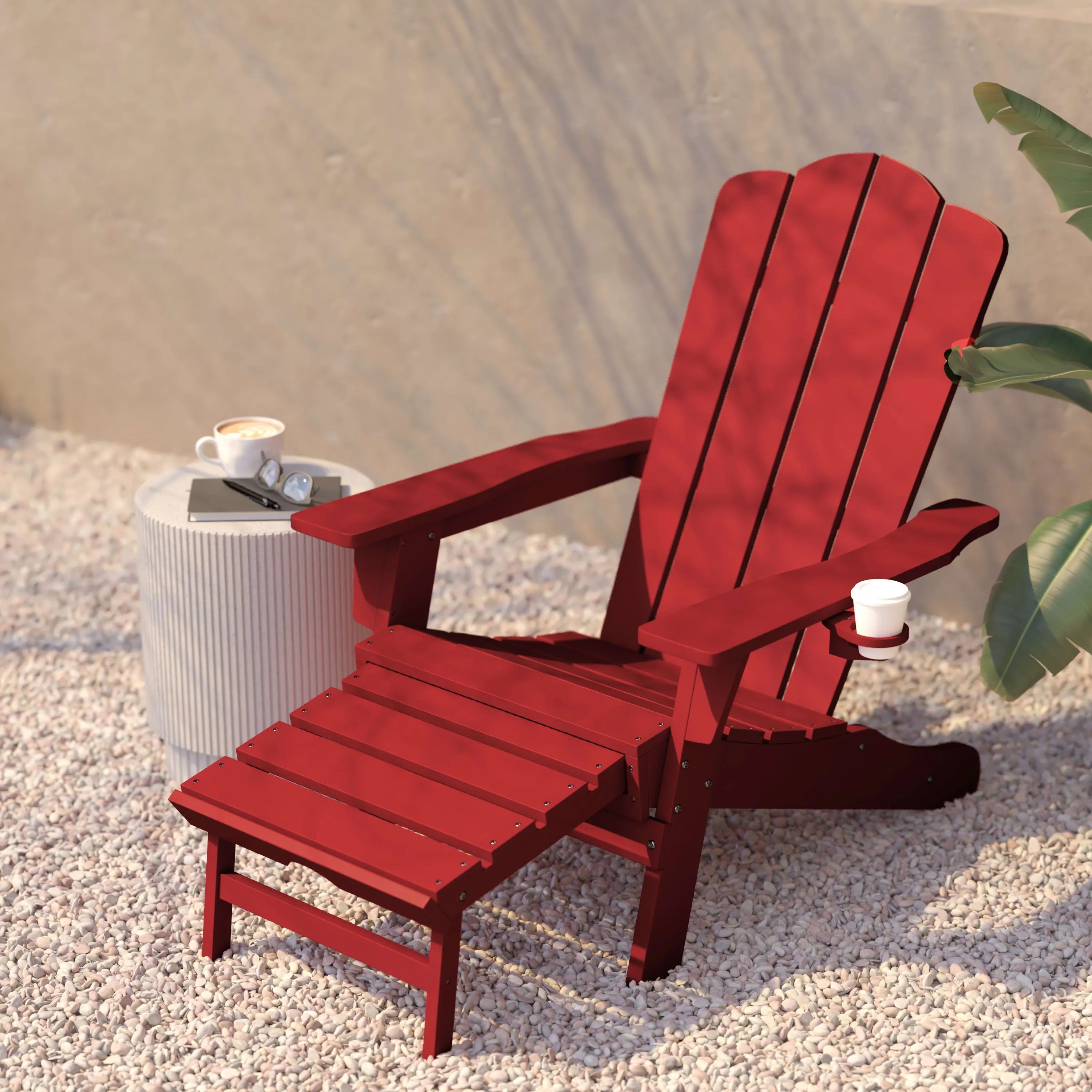 Newport HDPE Adirondack Chair with Cup Holder and Pull Out Ottoman, All-Weather HDPE Indoor/Outdoor Lounge Chair