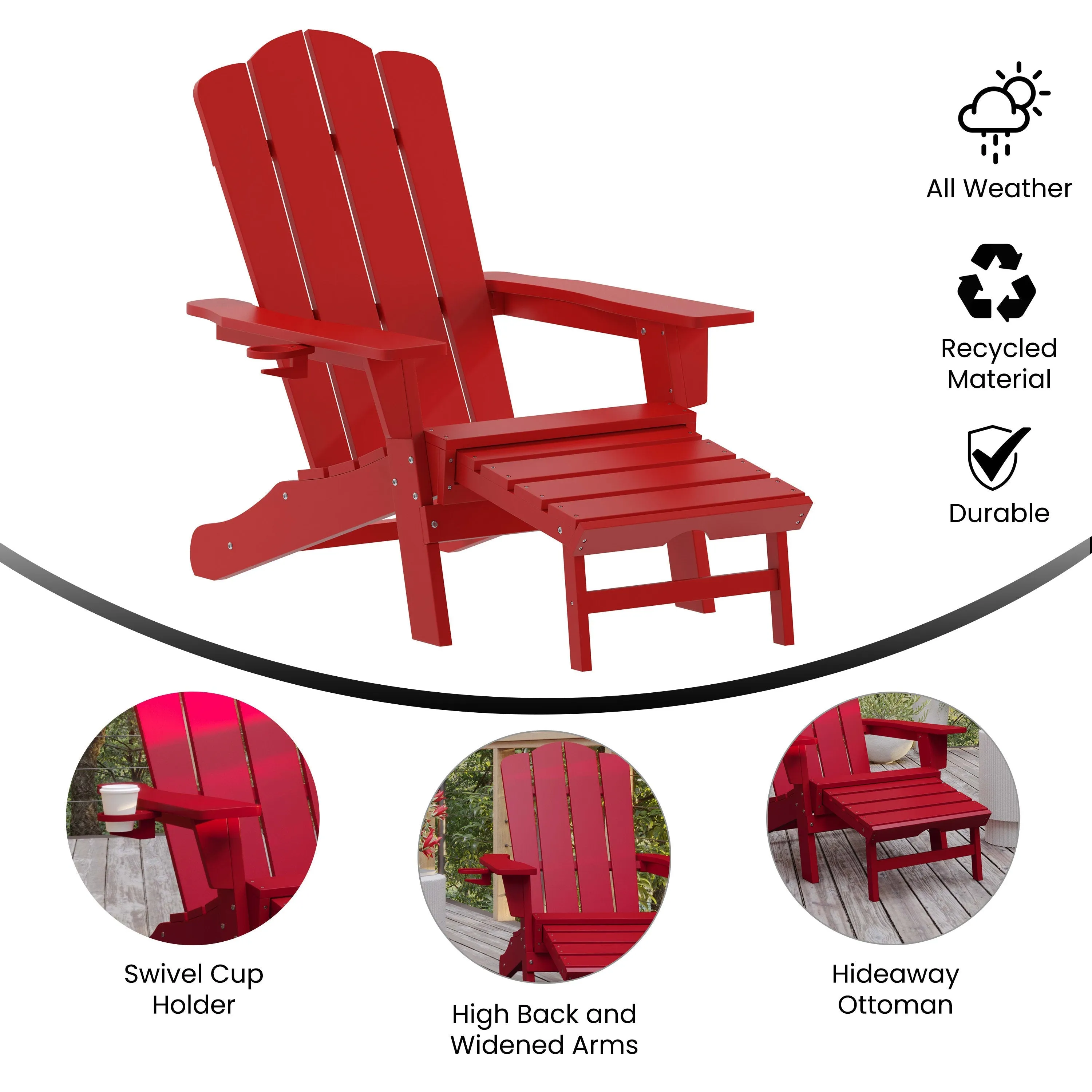 Newport HDPE Adirondack Chair with Cup Holder and Pull Out Ottoman, All-Weather HDPE Indoor/Outdoor Lounge Chair