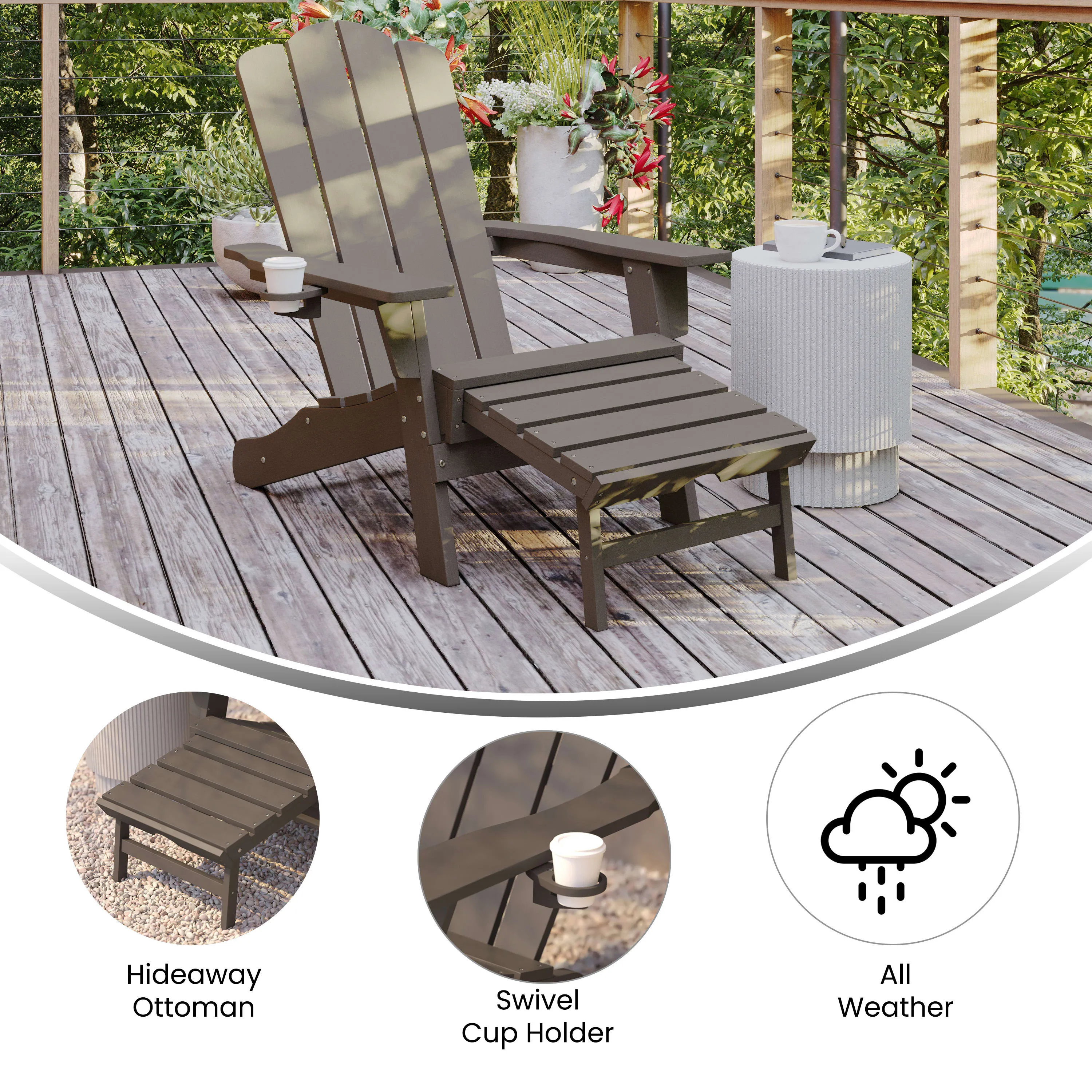 Newport HDPE Adirondack Chair with Cup Holder and Pull Out Ottoman, All-Weather HDPE Indoor/Outdoor Lounge Chair