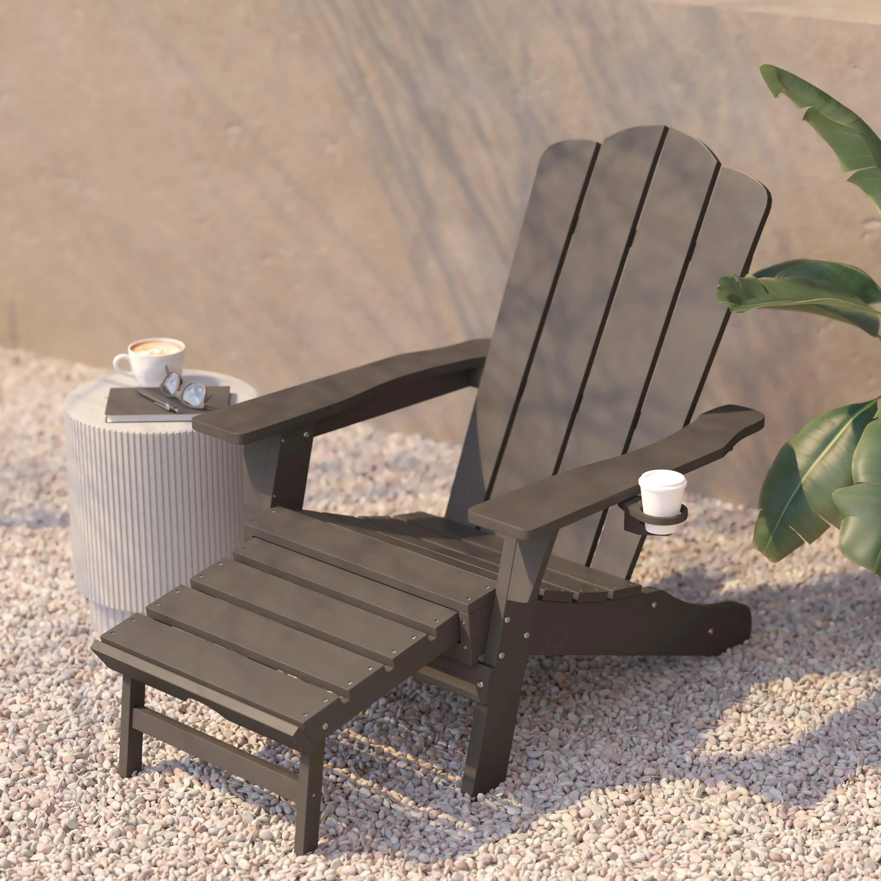 Newport HDPE Adirondack Chair with Cup Holder and Pull Out Ottoman, All-Weather HDPE Indoor/Outdoor Lounge Chair