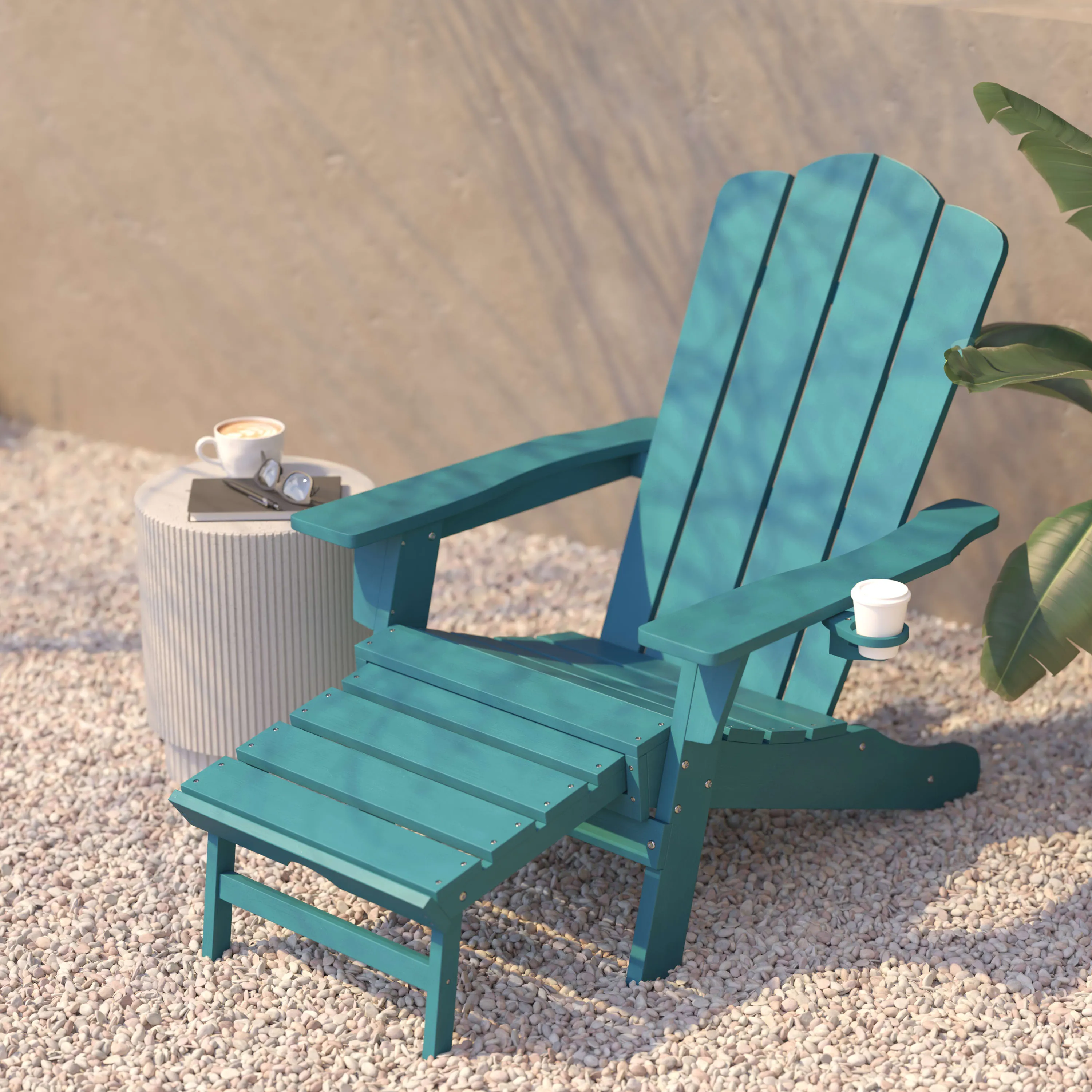 Newport HDPE Adirondack Chair with Cup Holder and Pull Out Ottoman, All-Weather HDPE Indoor/Outdoor Lounge Chair