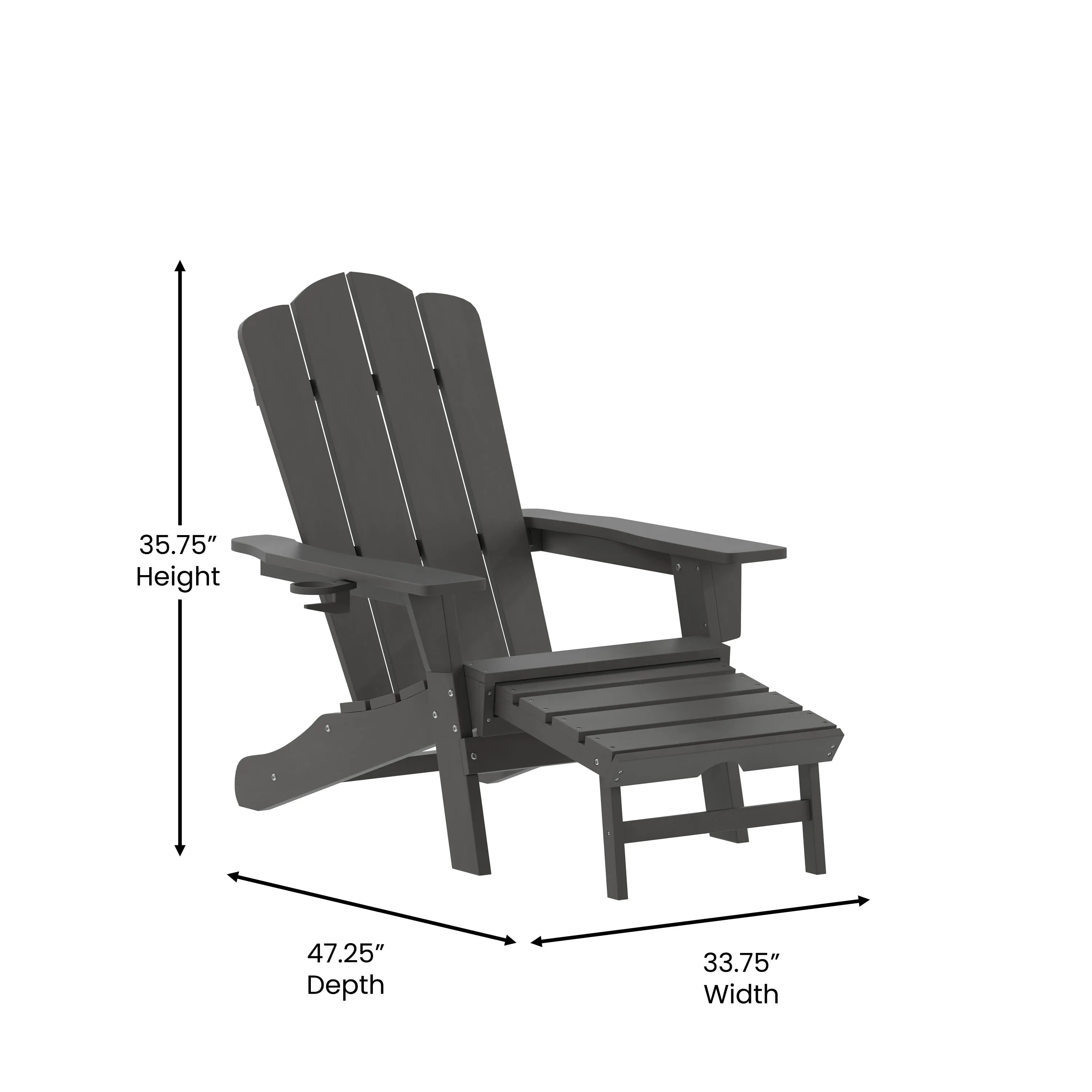 Newport HDPE Adirondack Chair with Cup Holder and Pull Out Ottoman, All-Weather HDPE Indoor/Outdoor Lounge Chair