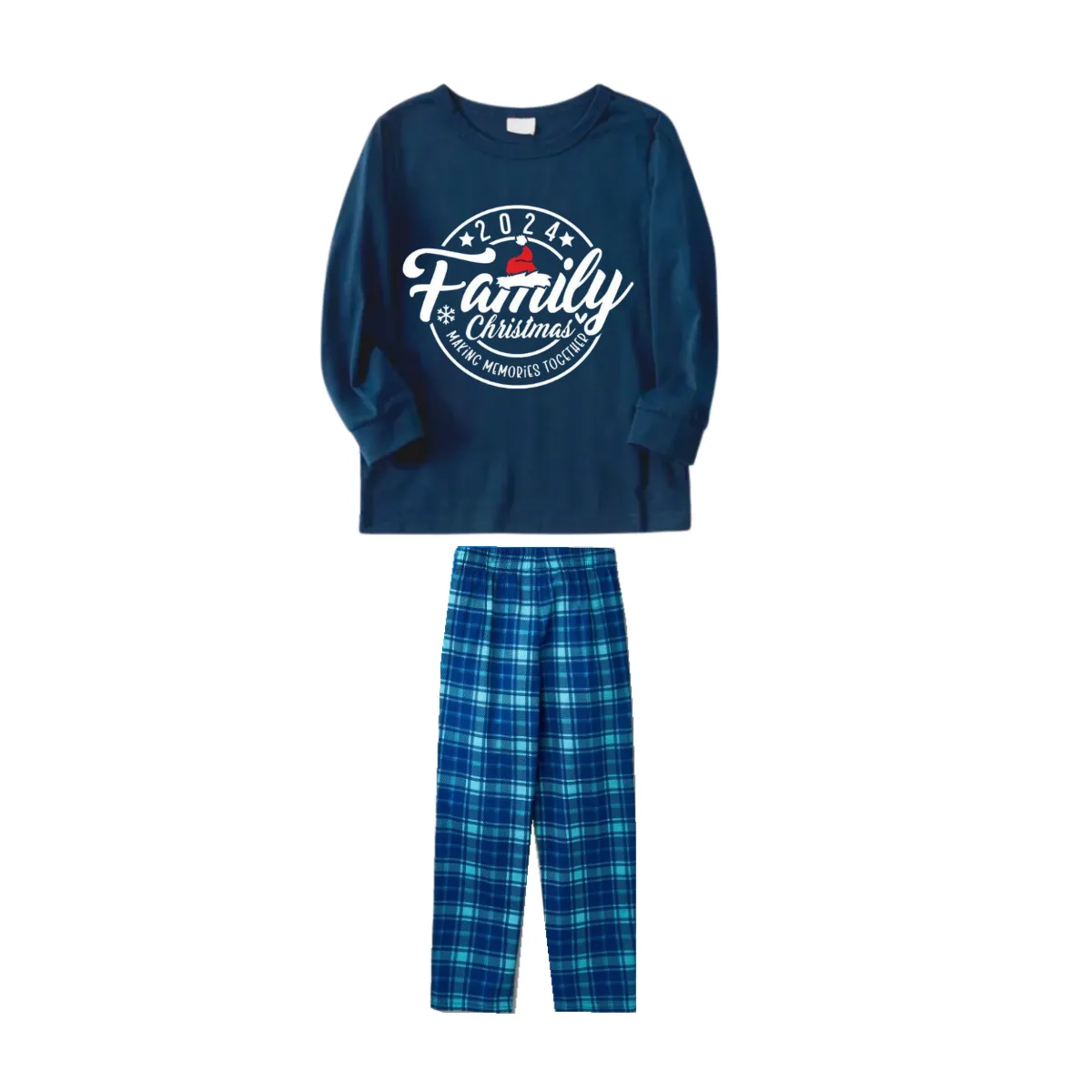 "2024 Family Christmas Making Memories Together" Text Ring Pattern - Blue Long Sleeve Top With Blue Plaid Family Matching Pajamas
